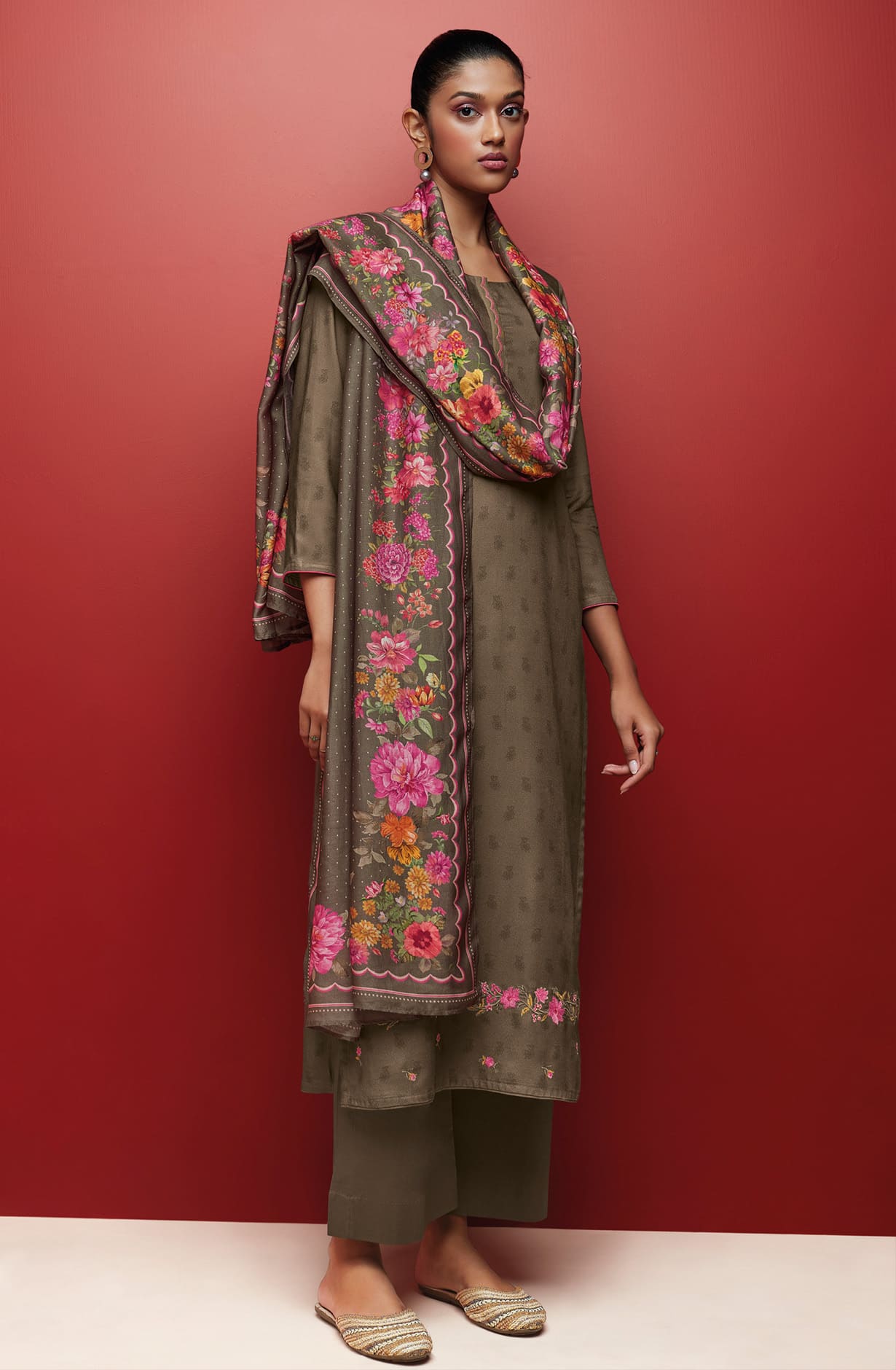 Brown Spun Winterwear Printed Unstitched Salwar Kameez - KEYS1202B