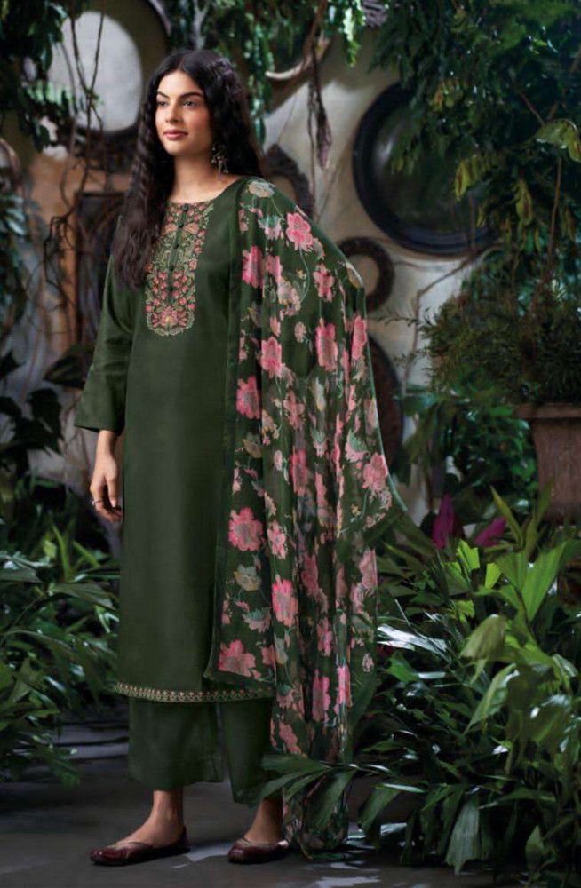 Image of Mehndi Pure Cotton Satin Unstitched Suit Set with Beautiful Dupatta - BRUS4054B