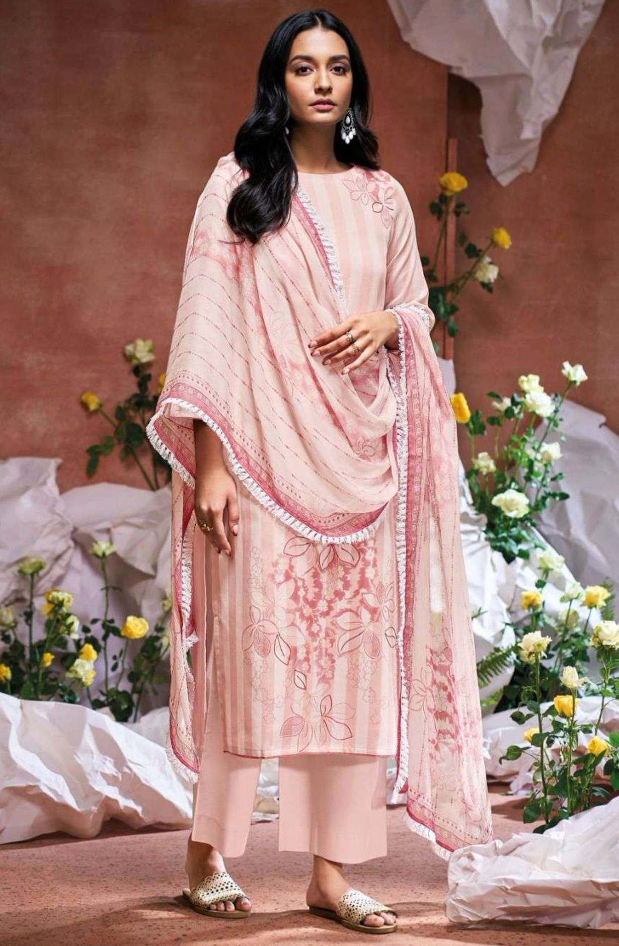 Pink Dobby Printed Cotton Suit Set with Dupatta - BURS3488A