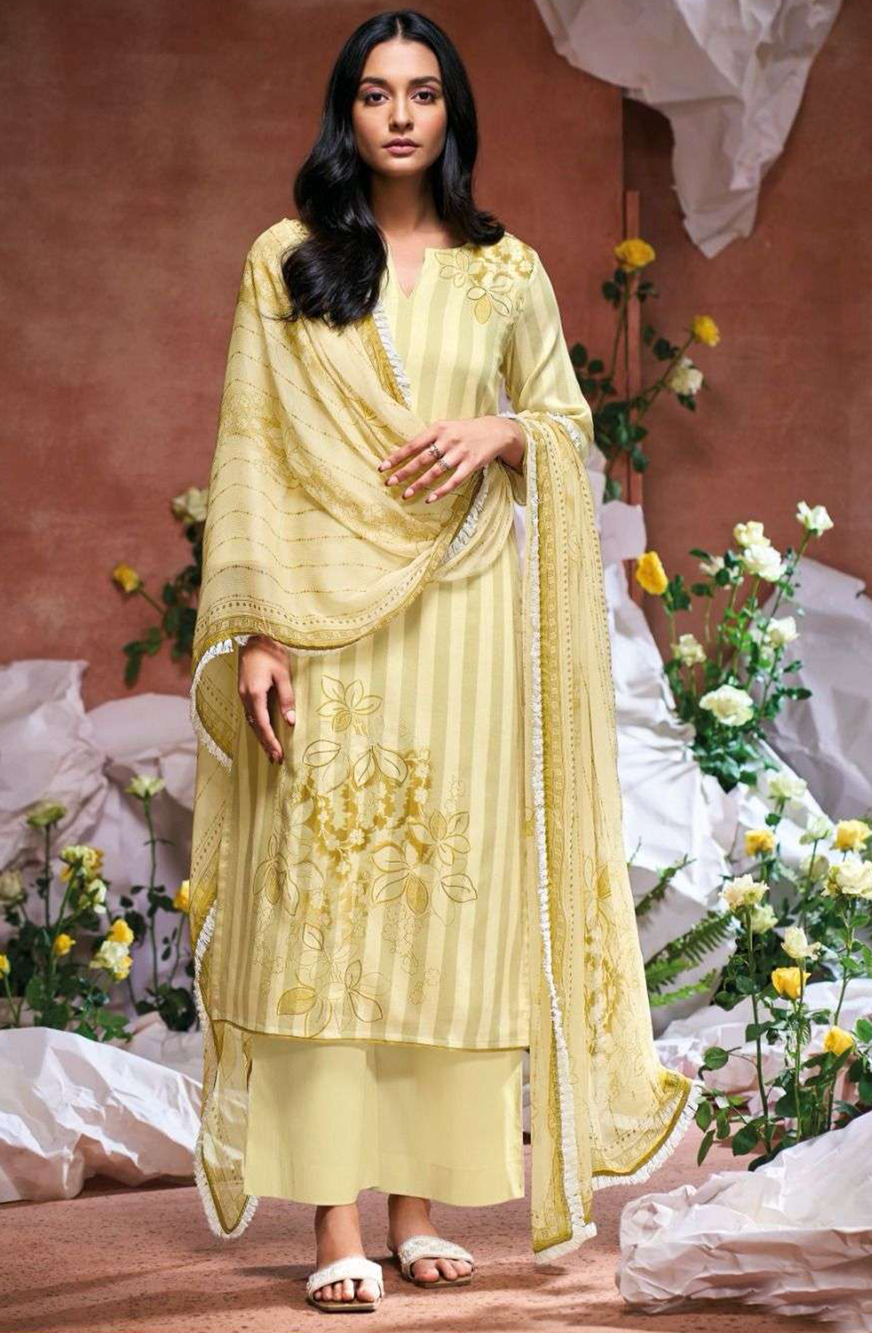 Mustard Dobby Printed Cotton Suit Set with Dupatta - BURS3488B