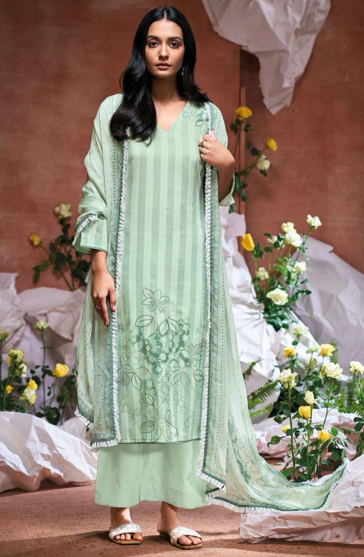 Green Dobby Printed Cotton Suit Set with Dupatta - BURS3488C