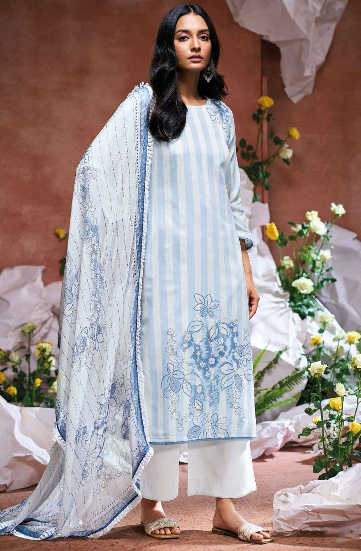Grey Dobby Printed Cotton Suit Set with Dupatta - BURS3488D