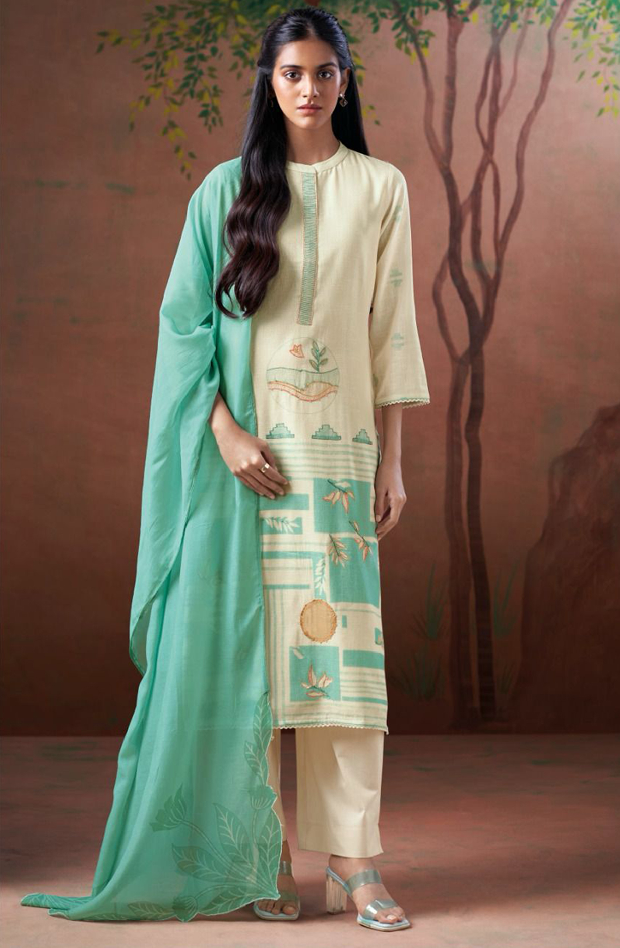 Firozi Printed Linen Suit with Dupatta - CAIS3268A