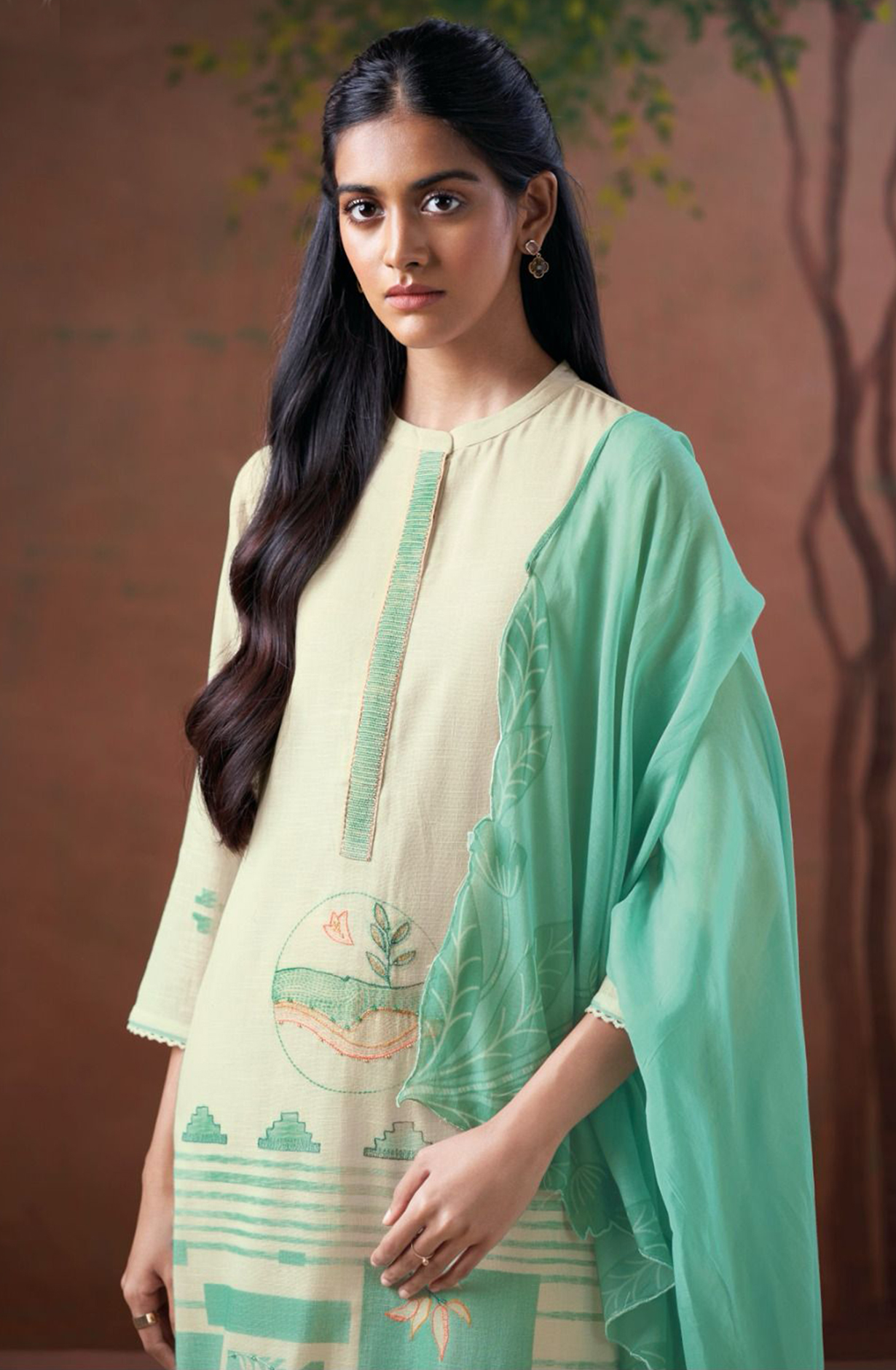 Firozi Printed Linen Suit with Dupatta - CAIS3268A