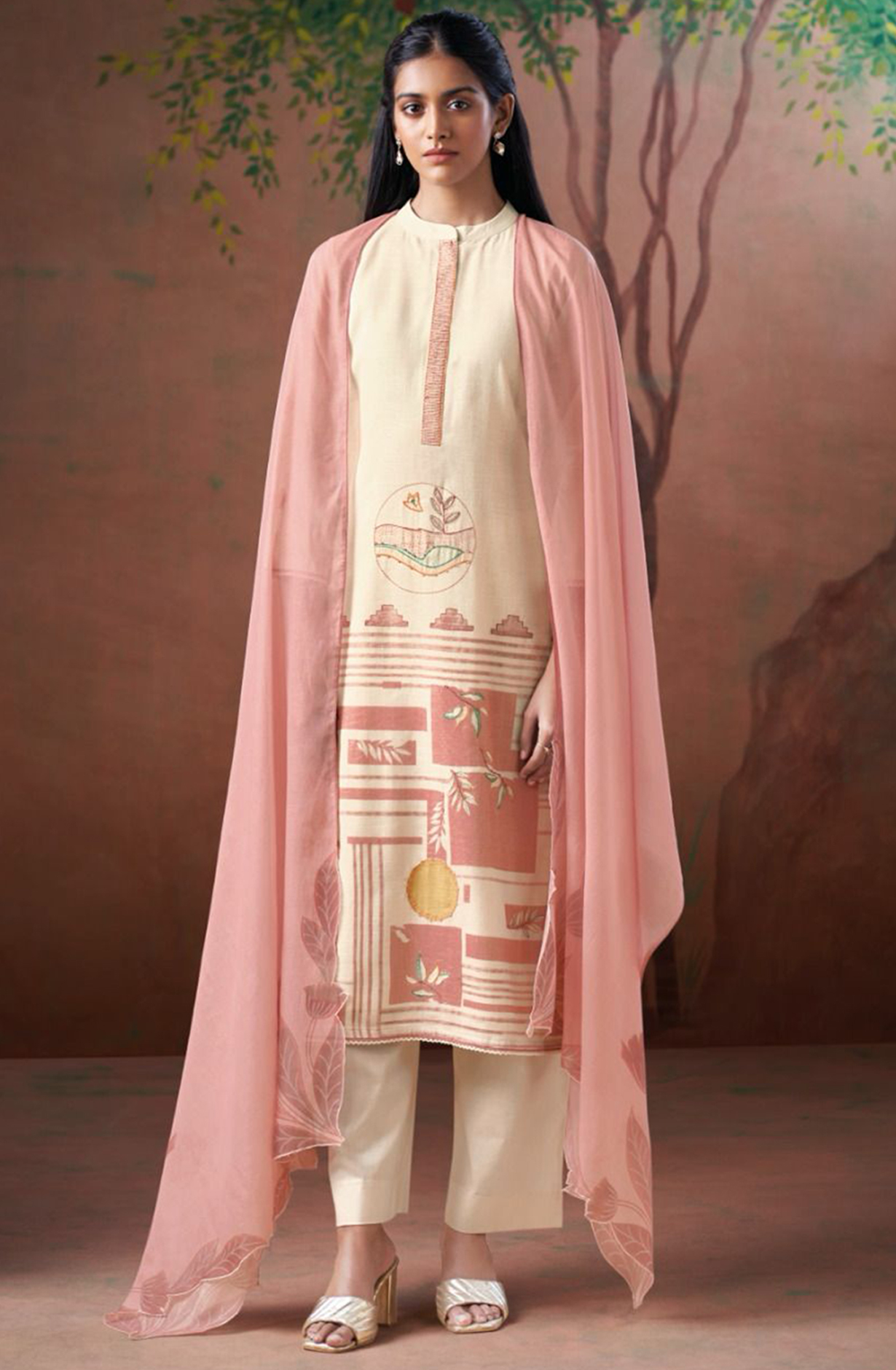 Peach Printed Linen Suit with Dupatta - CAIS3268B
