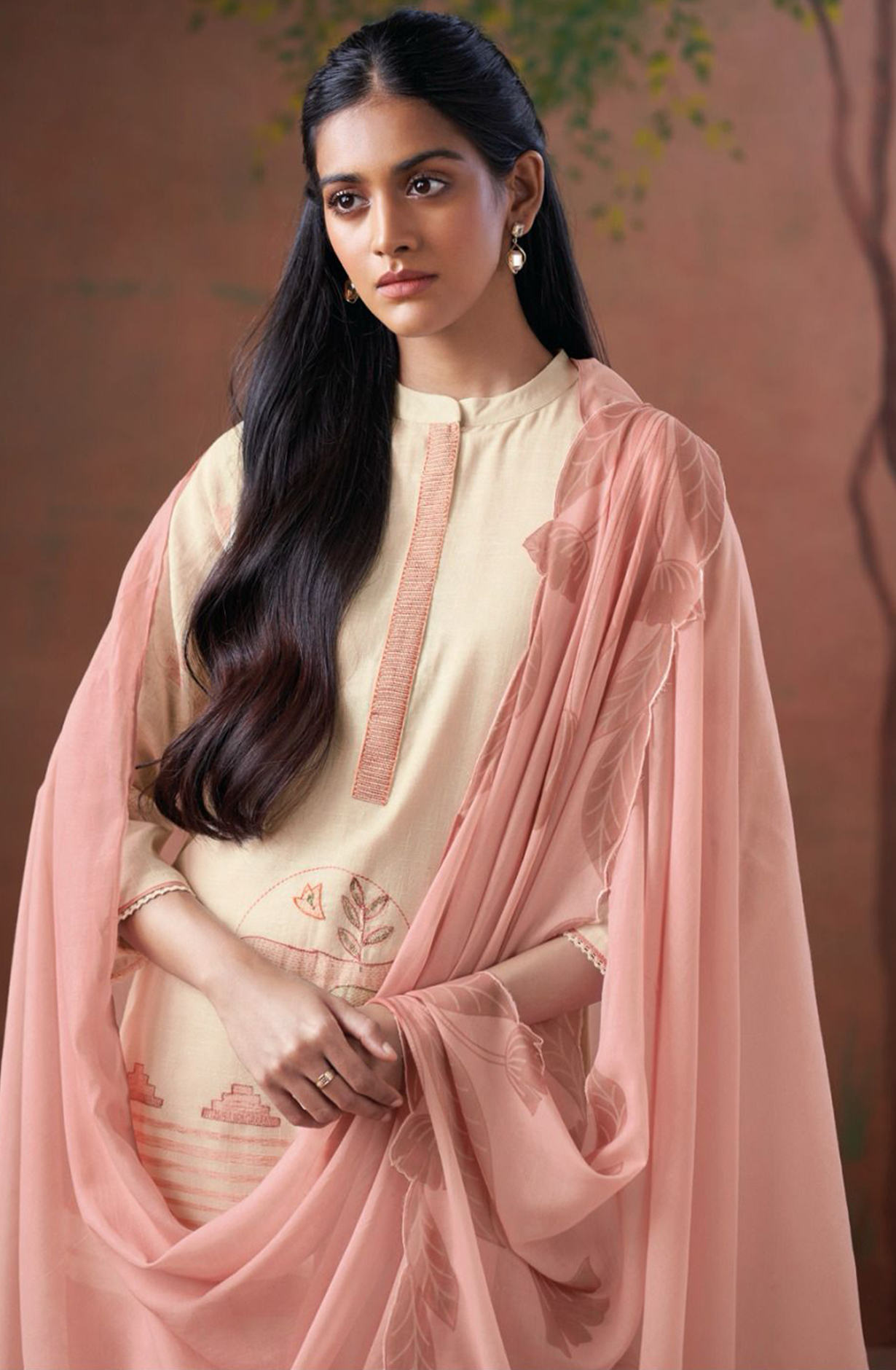 Peach Printed Linen Suit with Dupatta - CAIS3268B