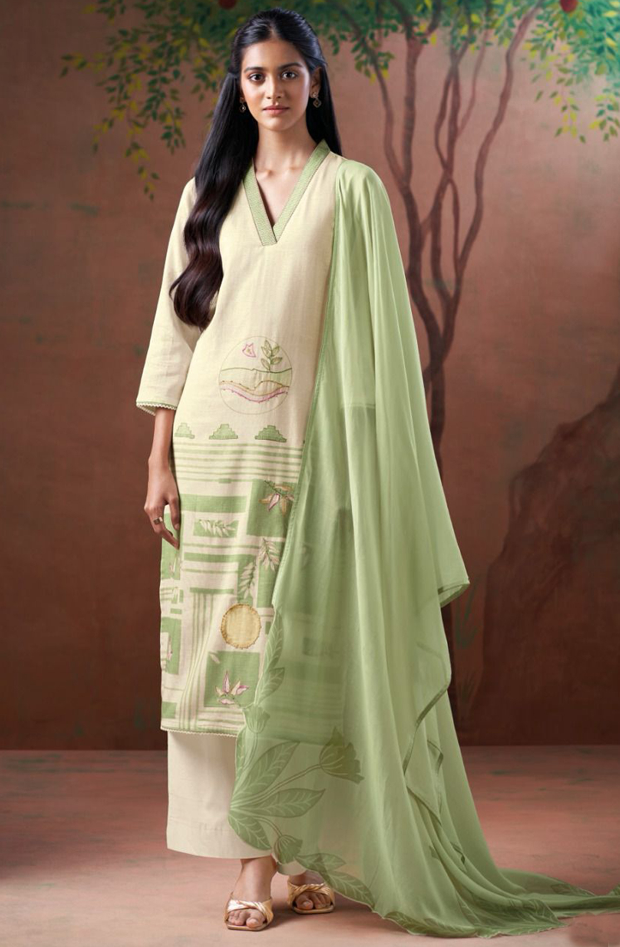 Green Printed Linen Suit with Dupatta - CAIS3268C