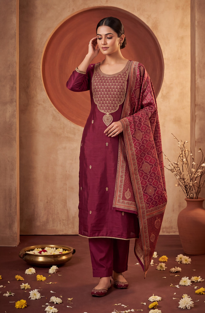 Image of Purple Premium Silk Unstitched Suit Set with Beautiful Dupatta - 131-NAR2605A