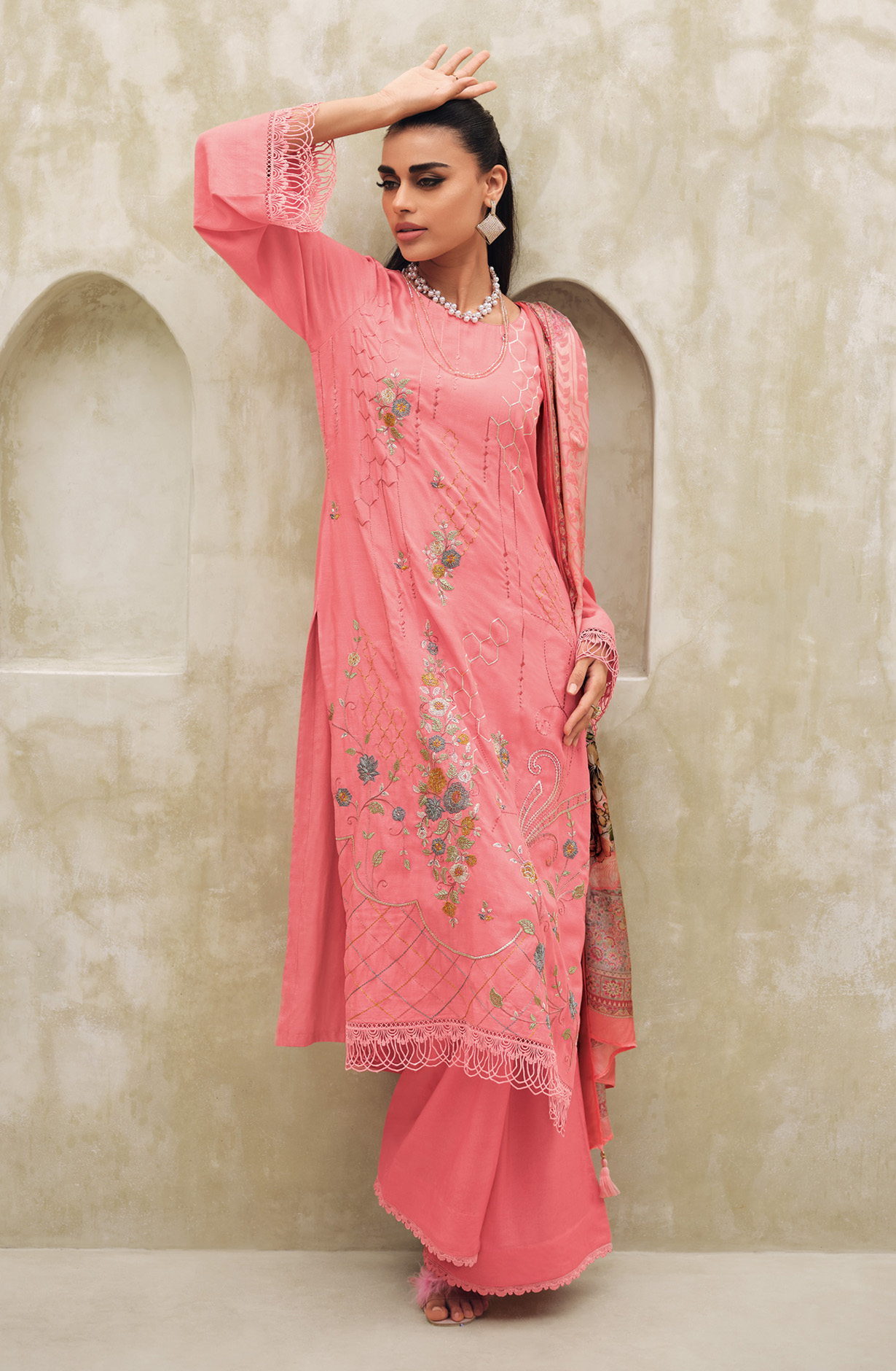Pink Festive Wear Muslin Embroidered Suit with Satin Silk Dupatta - CHAR02