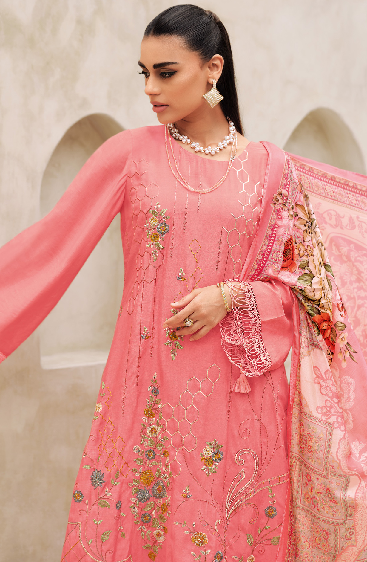 Pink Festive Wear Muslin Embroidered Suit with Satin Silk Dupatta - CHAR02