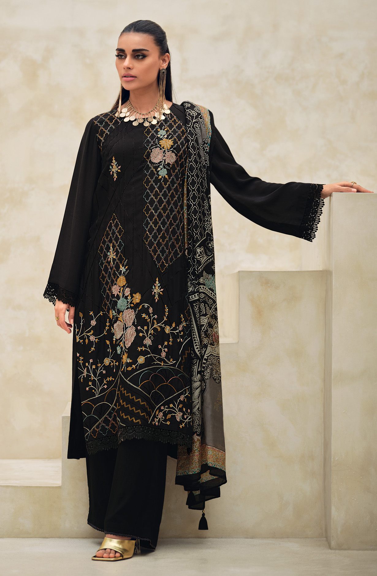 Black Festive Wear Muslin Embroidered Suit with Satin Silk Dupatta - CHAR03