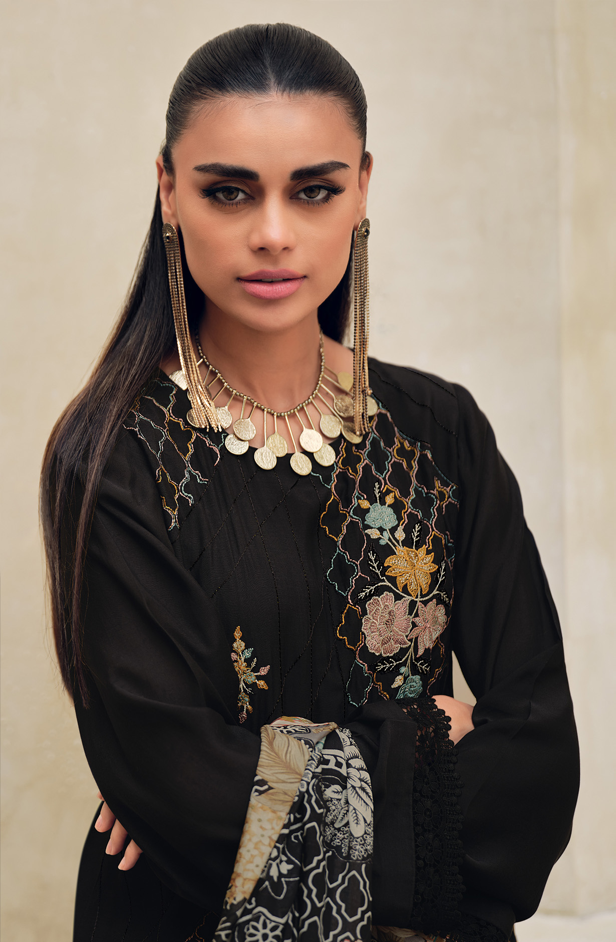 Black Festive Wear Muslin Embroidered Suit with Satin Silk Dupatta - CHAR03