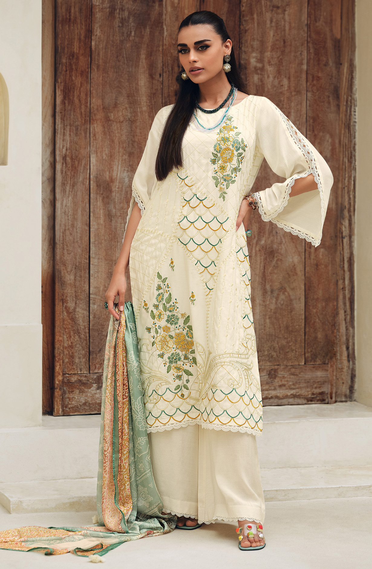 Cream Festive Wear Muslin Embroidered Suit with Satin Silk Dupatta - CHAR05