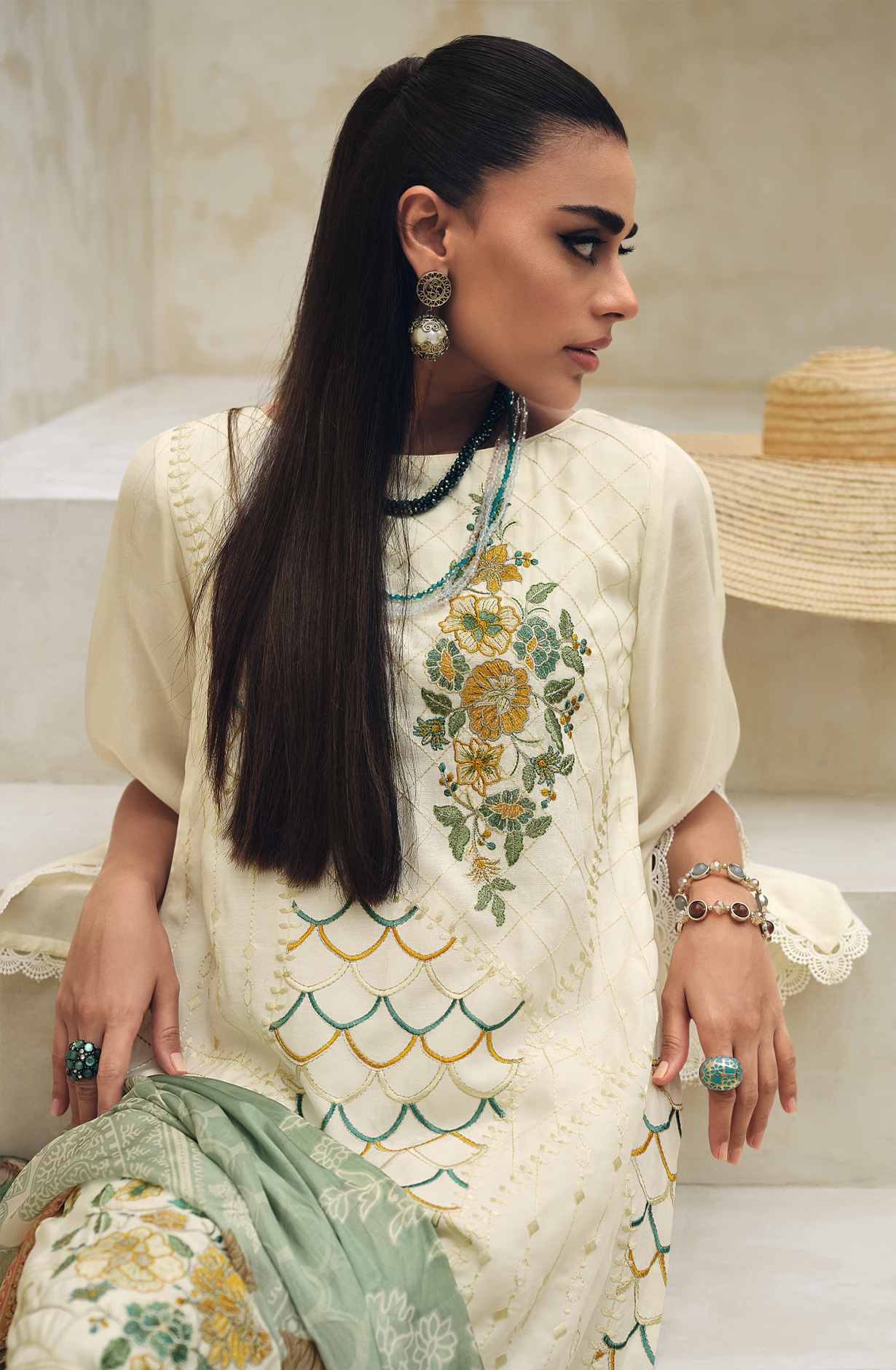 Cream Festive Wear Muslin Embroidered Suit with Satin Silk Dupatta - CHAR05