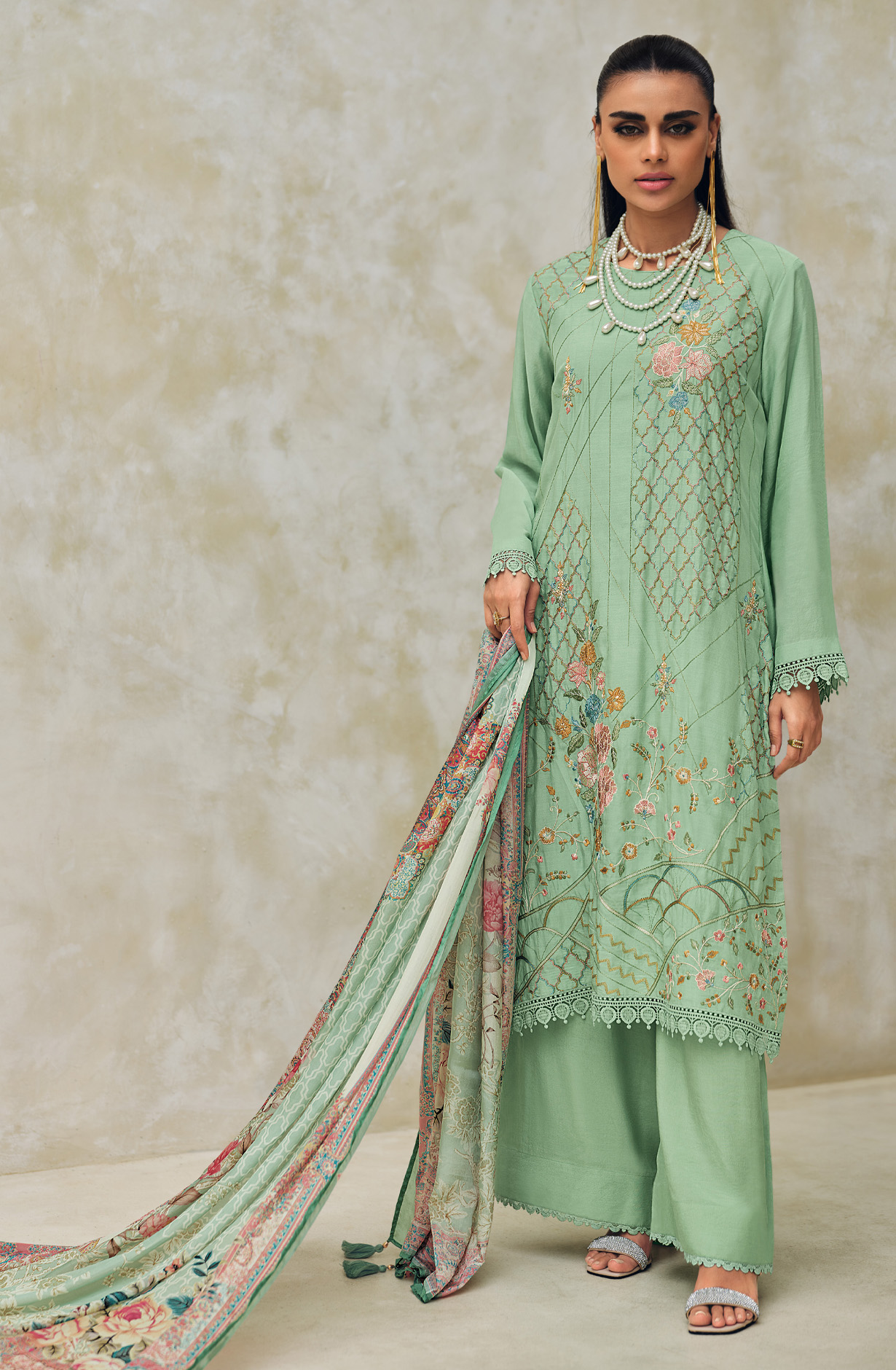 Sea Green Festive Wear Muslin Embroidered Suit with Satin Silk Dupatta - CHAR07