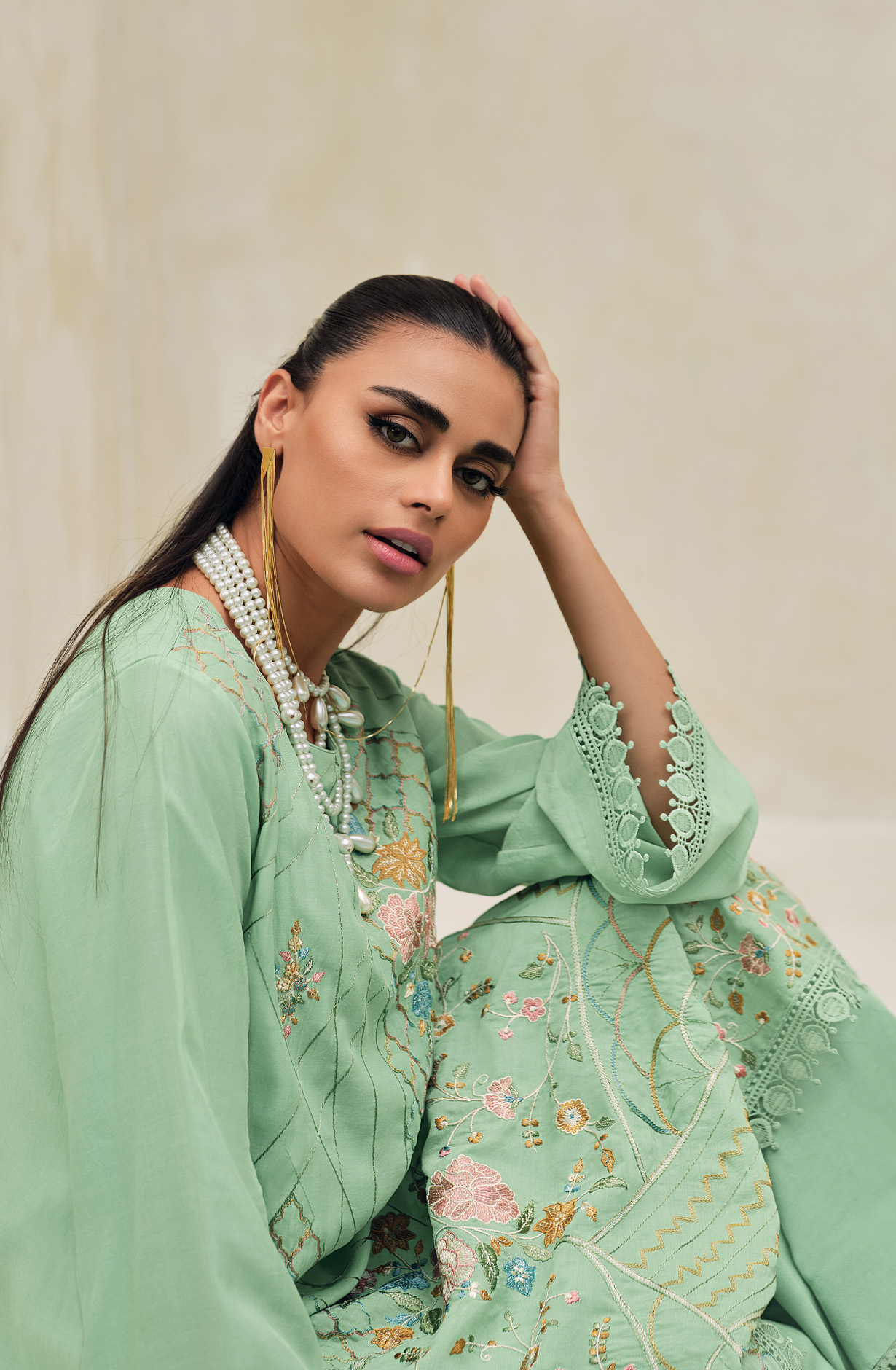 Sea Green Festive Wear Muslin Embroidered Suit with Satin Silk Dupatta - CHAR07