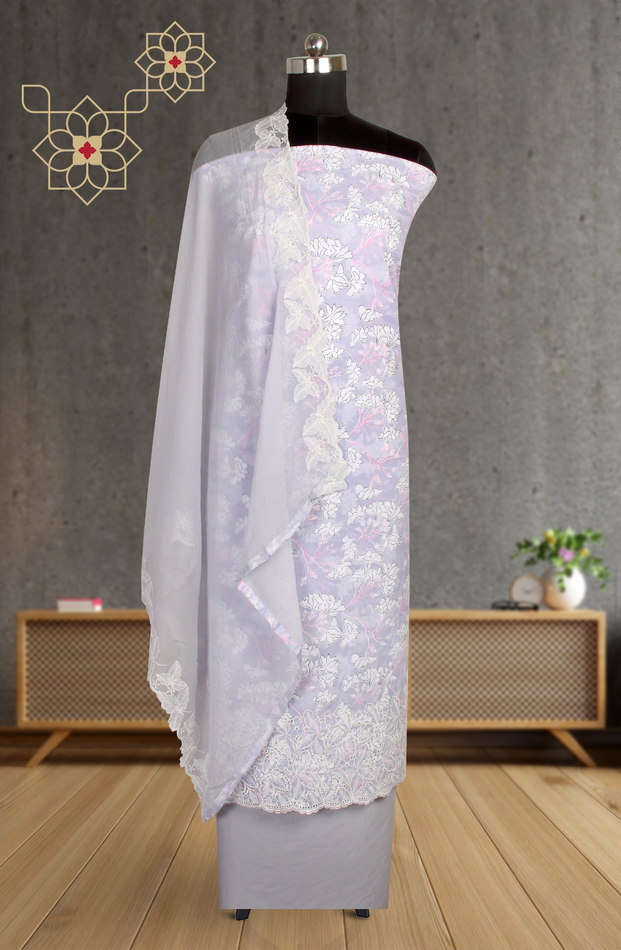 Lavender Cotton Printed Salwar Suit with Chiffon Dupatta - CHANPJ2087A