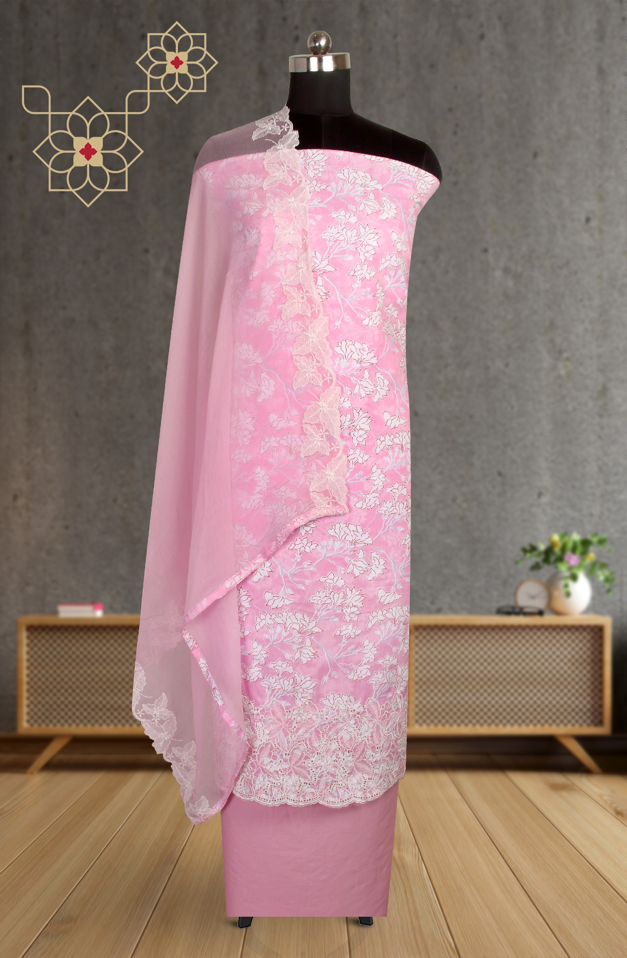 Baby Pink Cotton Printed Salwar Suit with Chiffon Dupatta - CHANPJ2087C