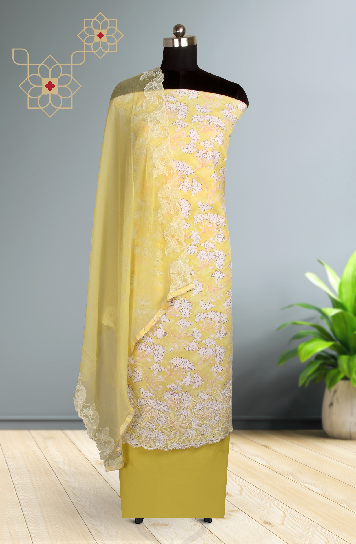 Yellow Cotton Printed Salwar Suit with Chiffon Dupatta - CHANPJ2087D