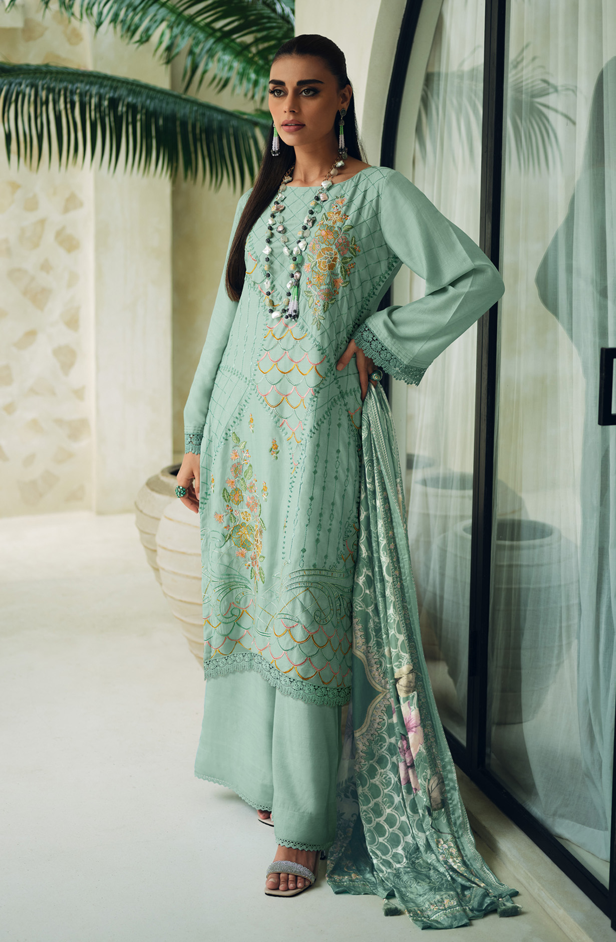 Sea Green Designer Festive Wear Muslin Embroidered Salwar Suit - CHAR01