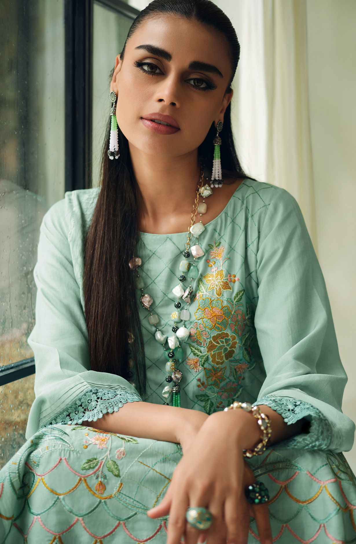 Sea Green Designer Festive Wear Muslin Embroidered Salwar Suit - CHAR01