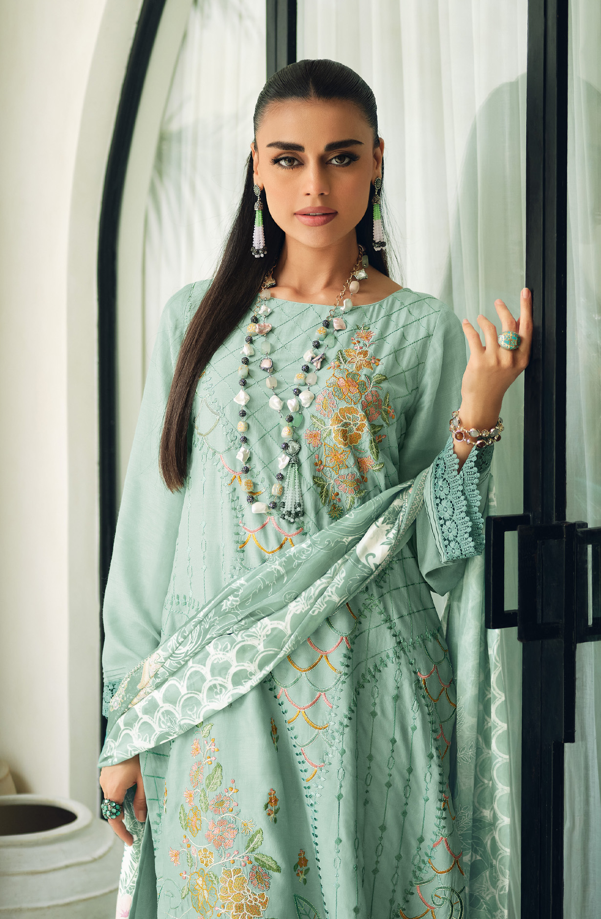 Sea Green Designer Festive Wear Muslin Embroidered Salwar Suit - CHAR01
