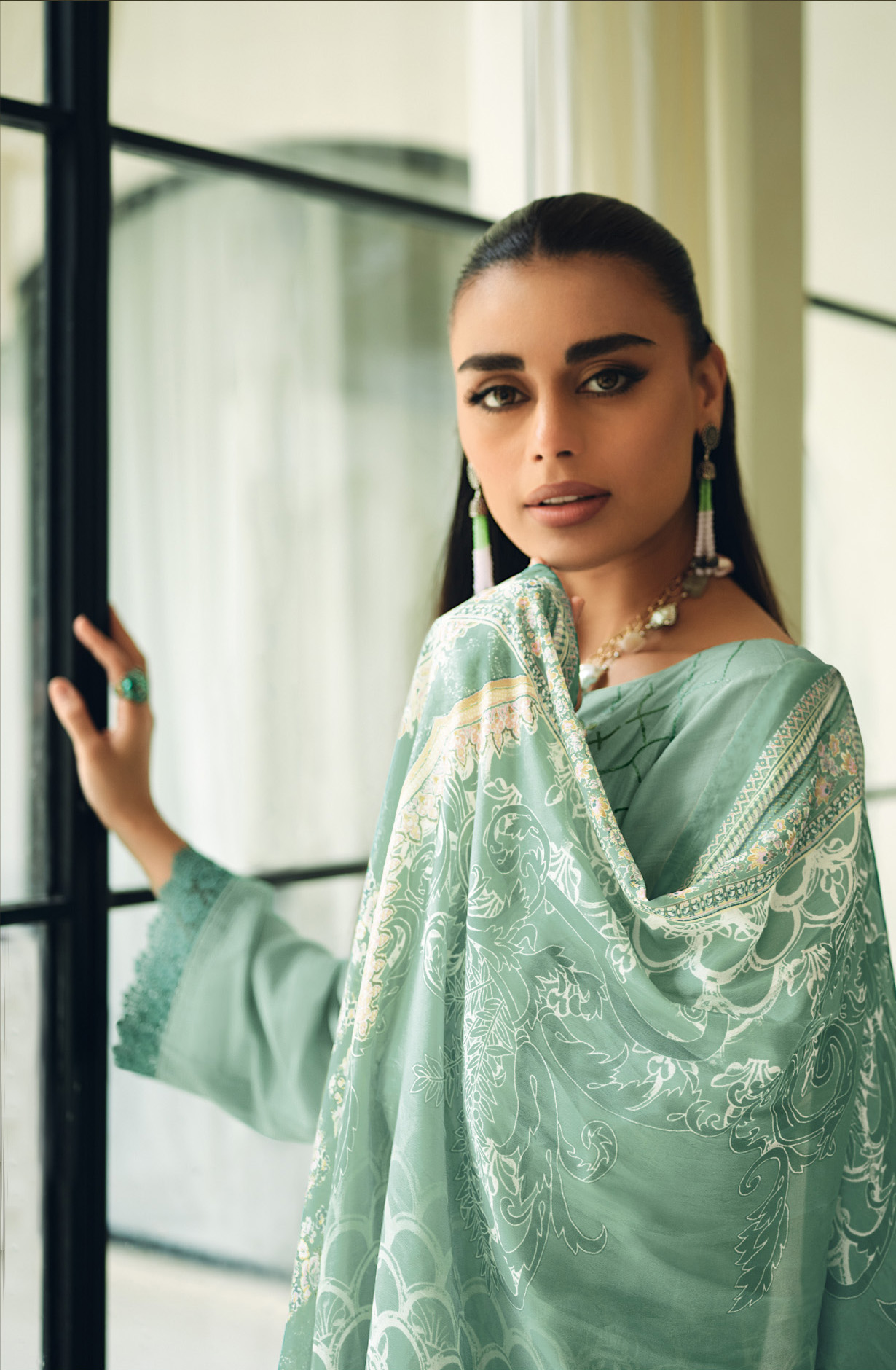 Sea Green Designer Festive Wear Muslin Embroidered Salwar Suit - CHAR01