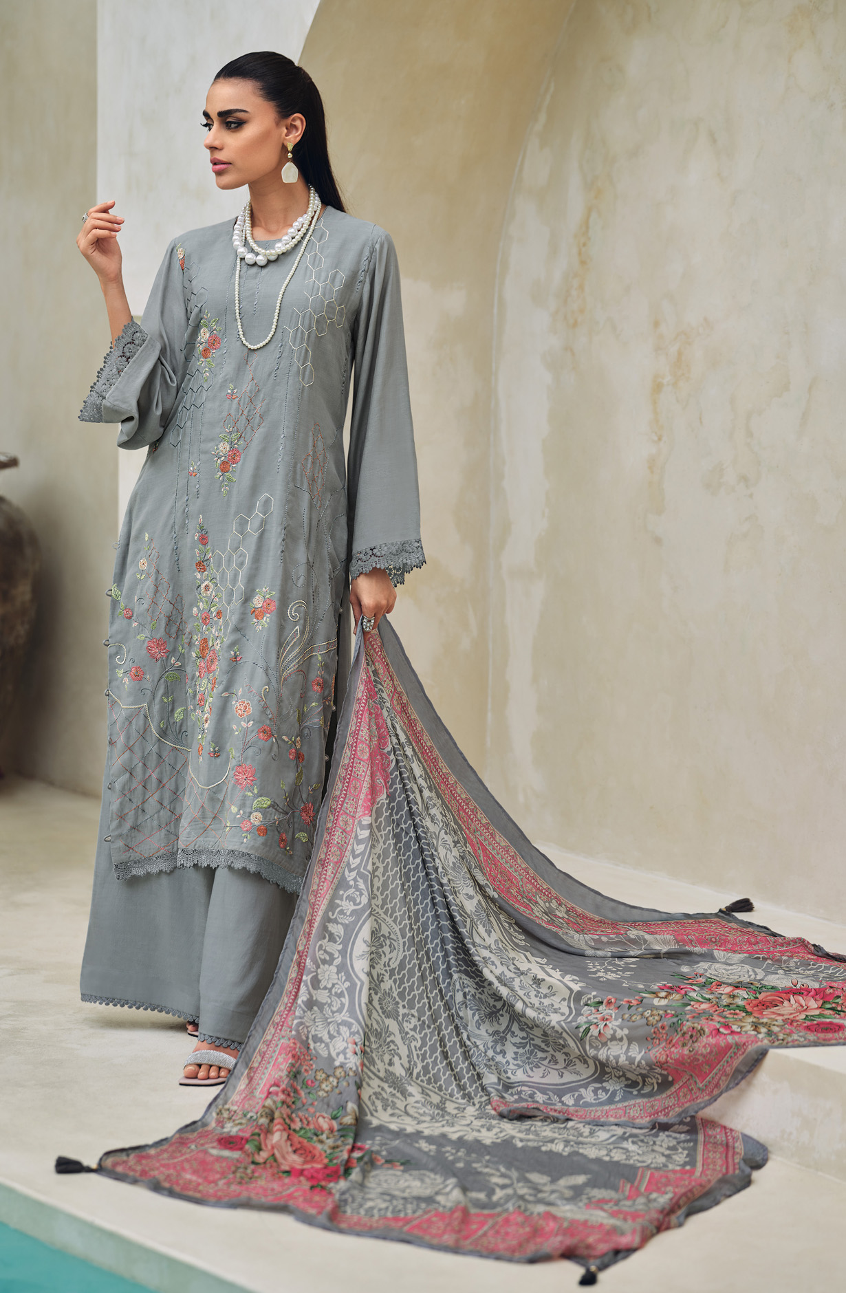 Grey Designer Festive Wear Muslin Embroidered Salwar Suit - CHAR04