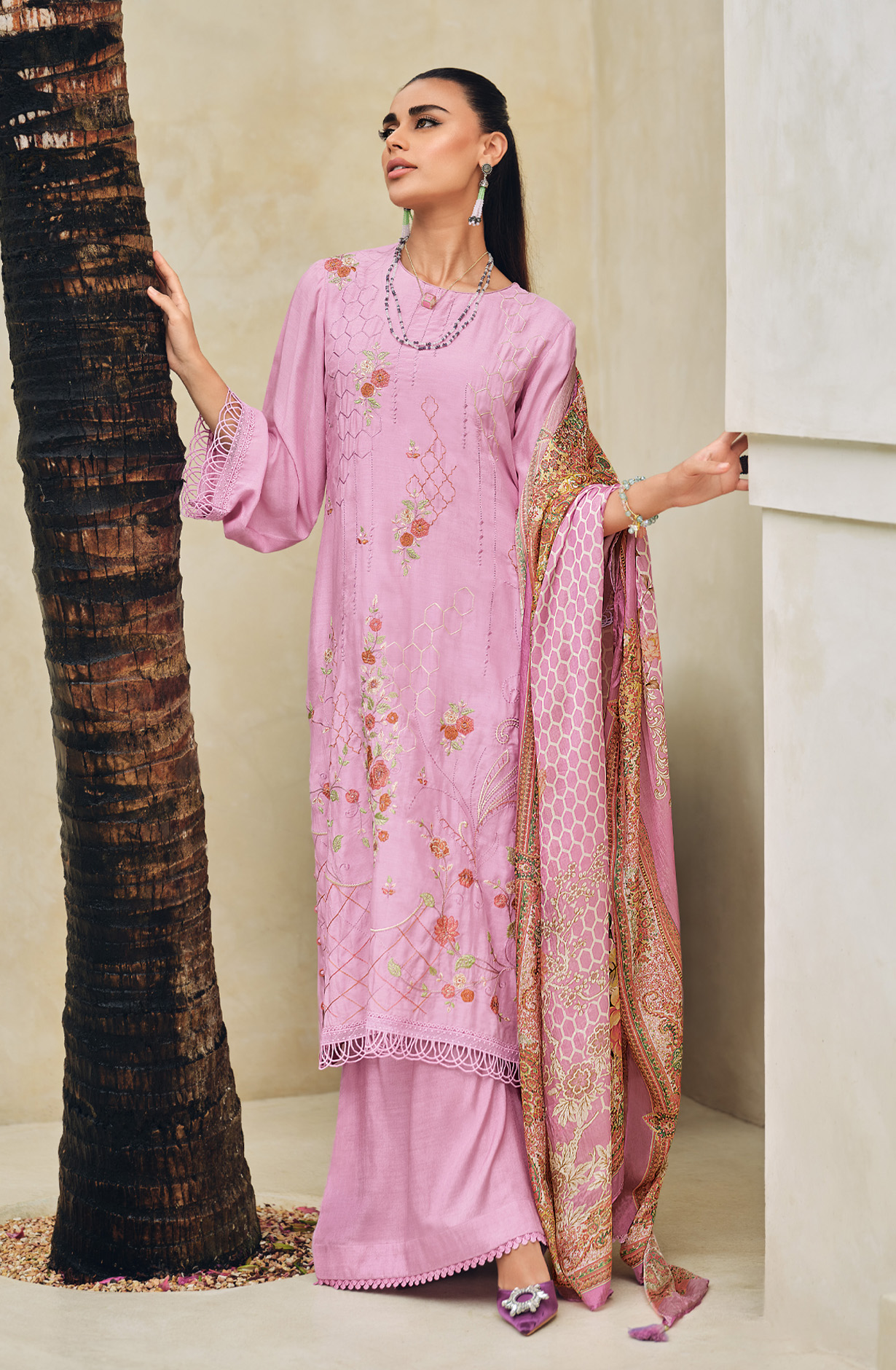 Lavender Designer Festive Wear Muslin Embroidered Salwar Suit - CHAR06