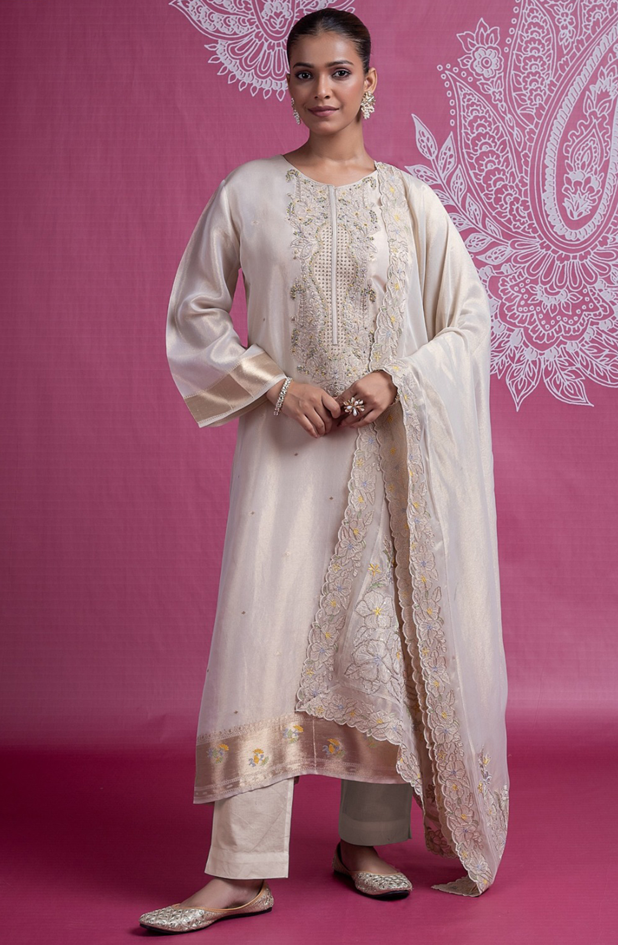 Beige Silk Jacquard Embroidered with Dupatta - R157-SPR2336A