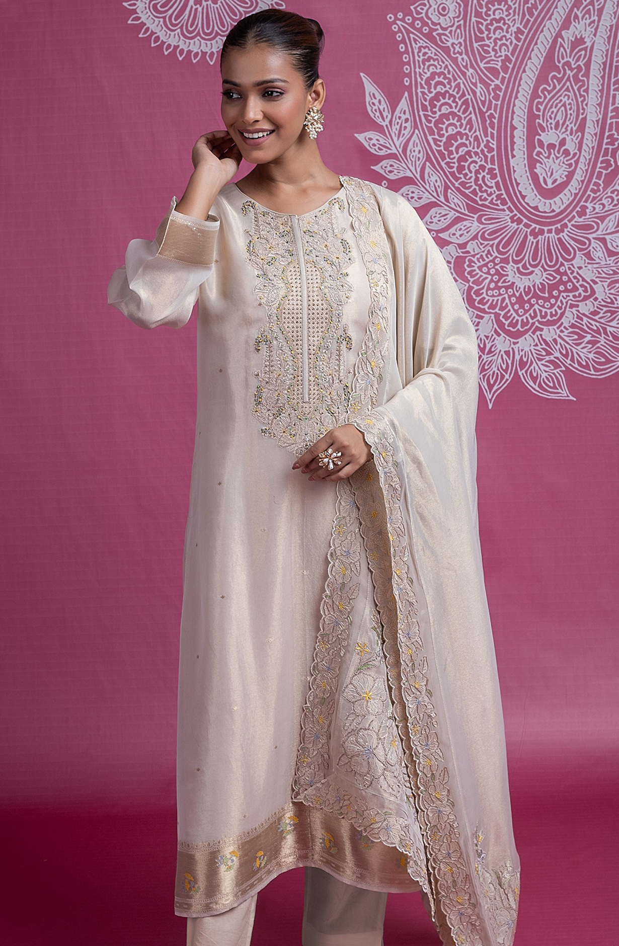 Beige Silk Jacquard Embroidered with Dupatta - R157-SPR2336A