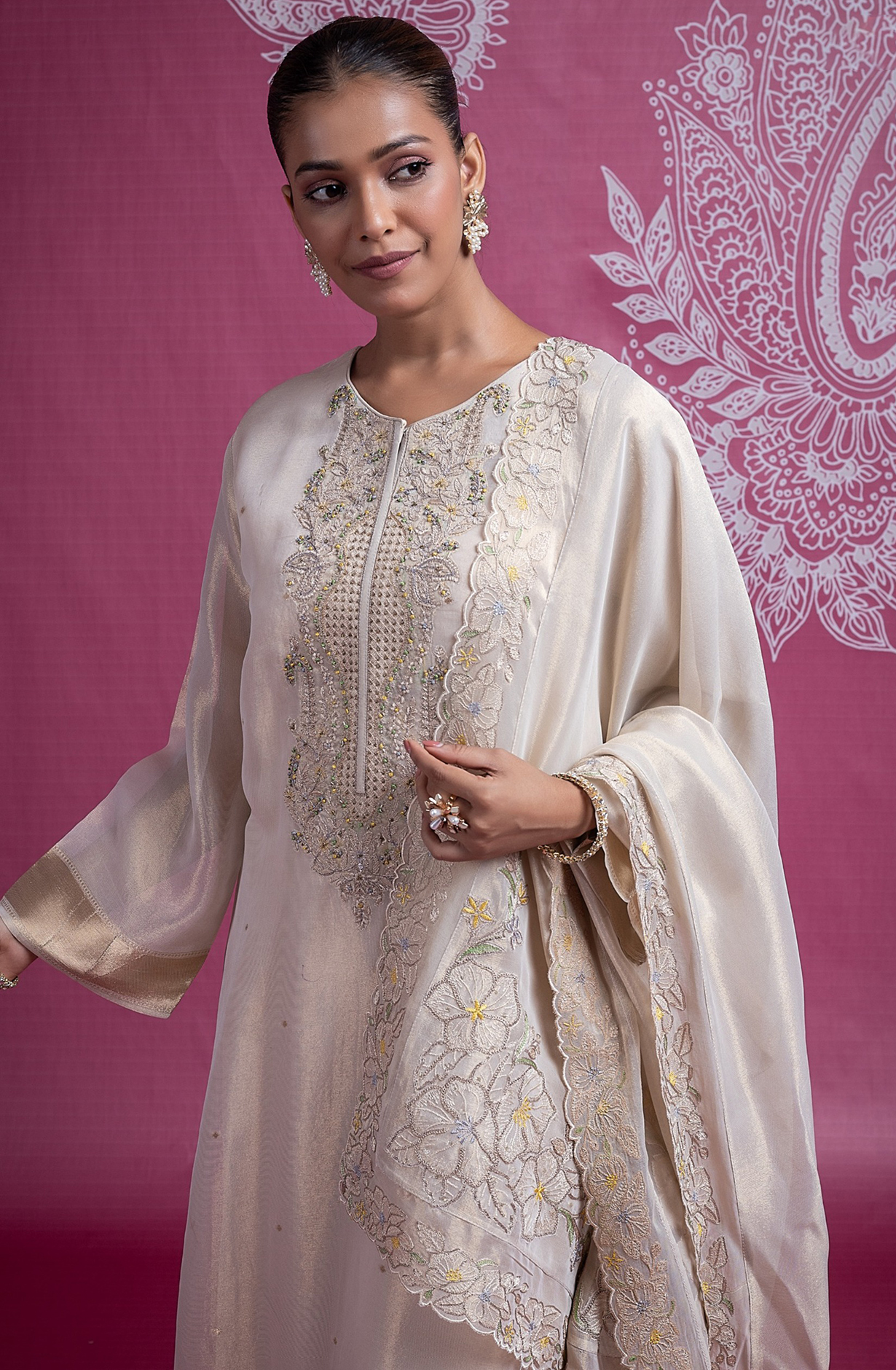 Beige Silk Jacquard Embroidered with Dupatta - R157-SPR2336A