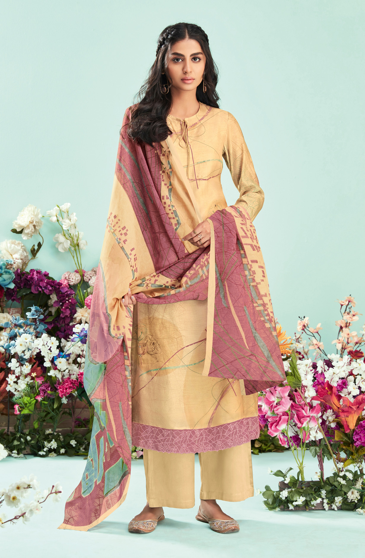 Beige Cotton Digital Printed Unstitched Salwar Suit - CIT5209