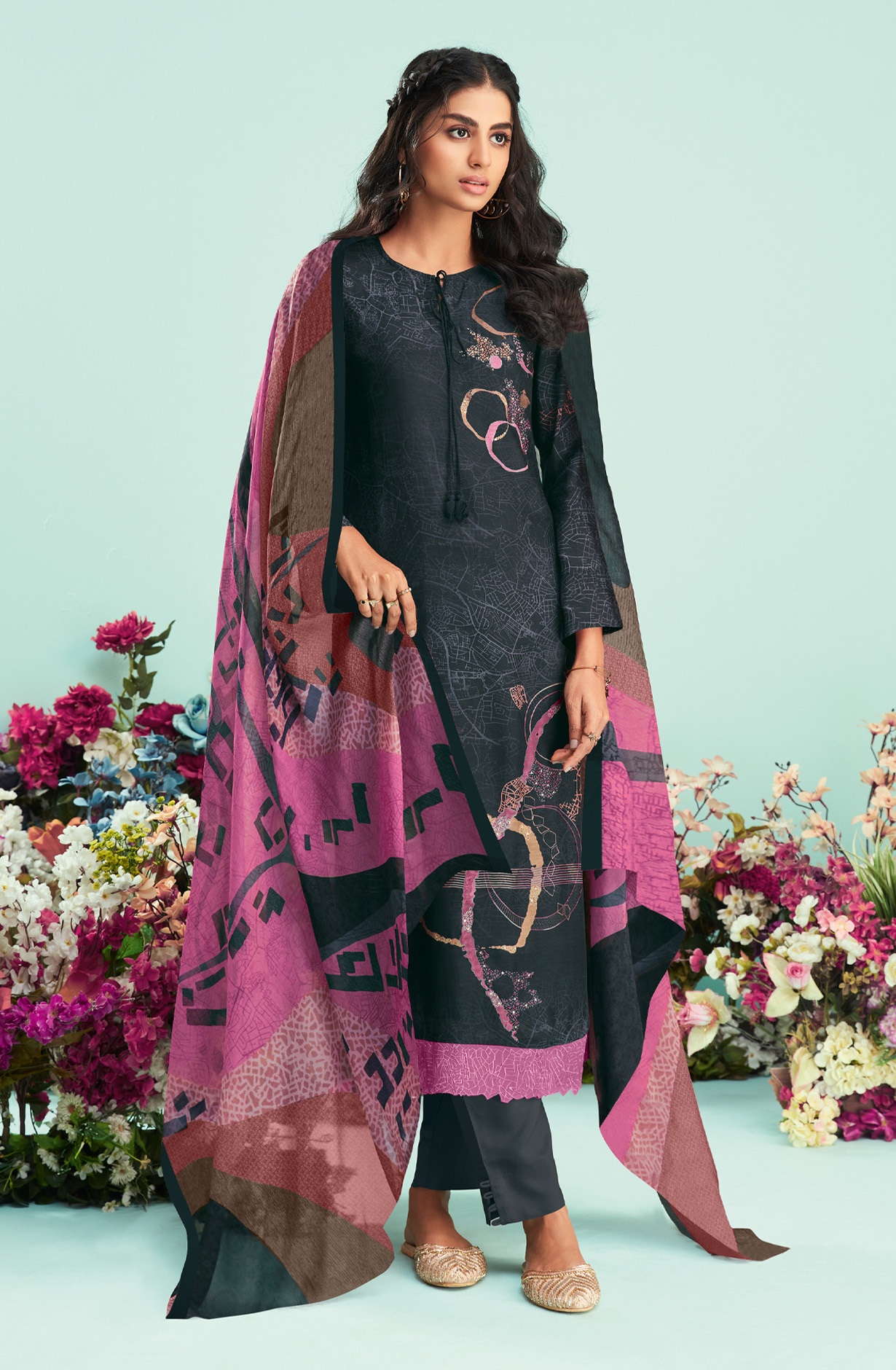 Black Cotton Digital Printed Unstitched Salwar Suit - CIT5228
