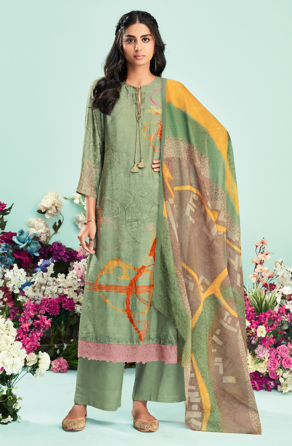 Olive Green Cotton Digital Printed Unstitched Salwar Suit - CIT5246