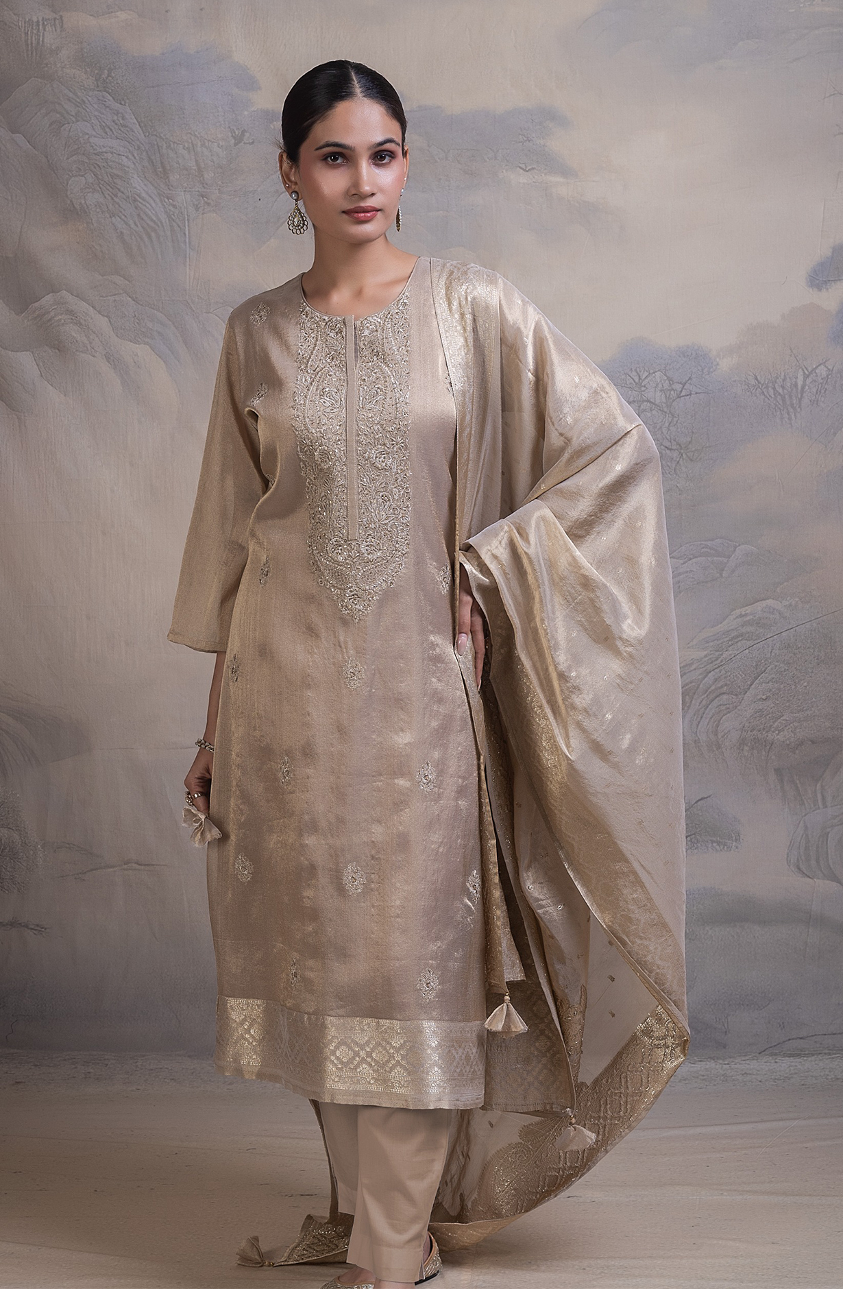 Beige Tissue Silk Jacquard Unstitched Suit with Beautiful Silk Dupatta- R157-SPR2856A