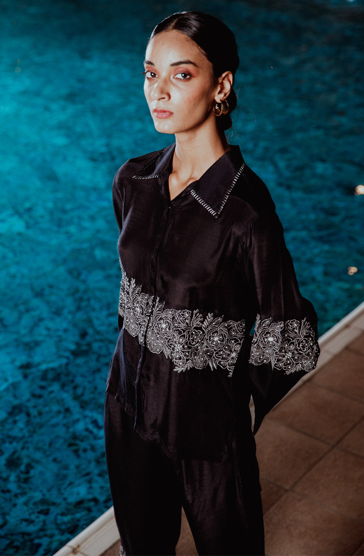 CLASSIC CONTRAST Muslin Black Embroidered Collar Neck Co-ords Set - CLANNCDS005 - Available Size L XXL