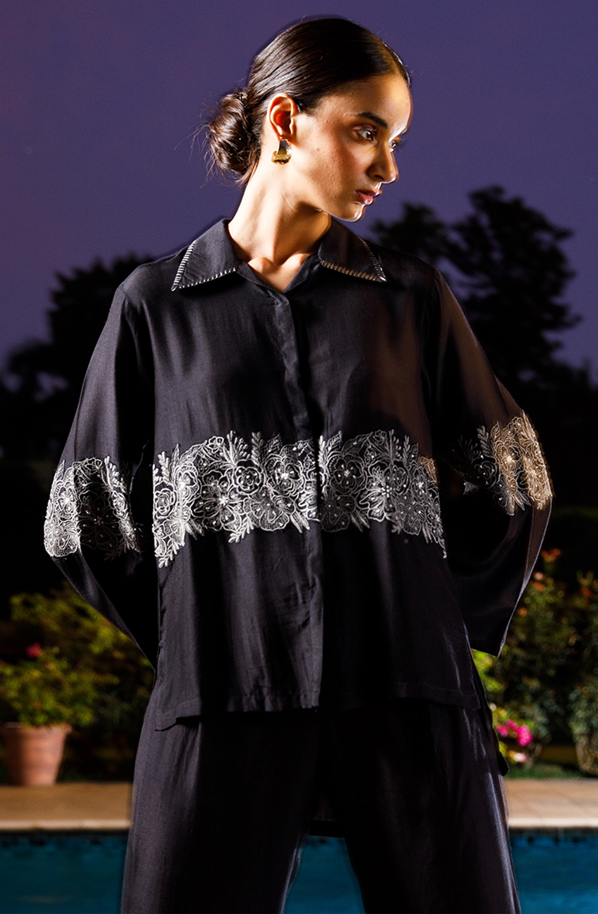 CLASSIC CONTRAST Muslin Black Embroidered Collar Neck Co-ords Set - CLANNCDS005 - Available Size L  XXL