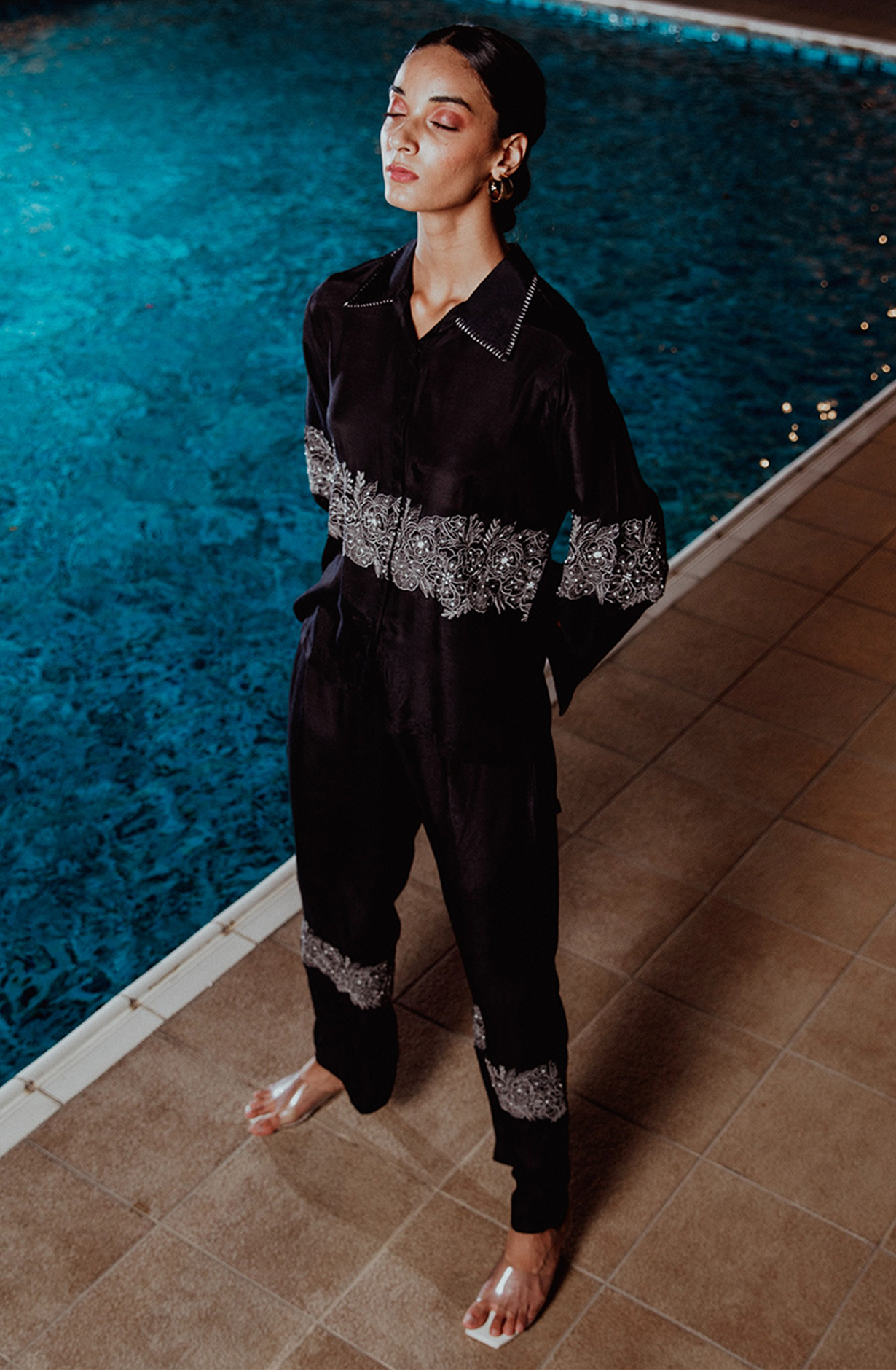 CLASSIC CONTRAST Muslin Black Embroidered Collar Neck Co-ords Set - CLANNCDS005 - Available Size L  XXL