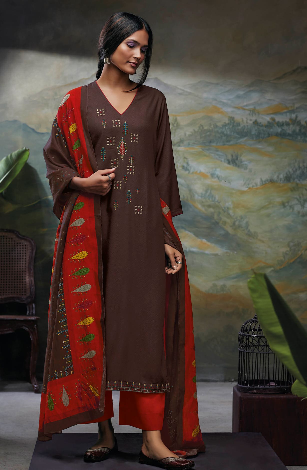 Coffee Spun Winterwear Unstitched Salwar Suit-set - DELC1289