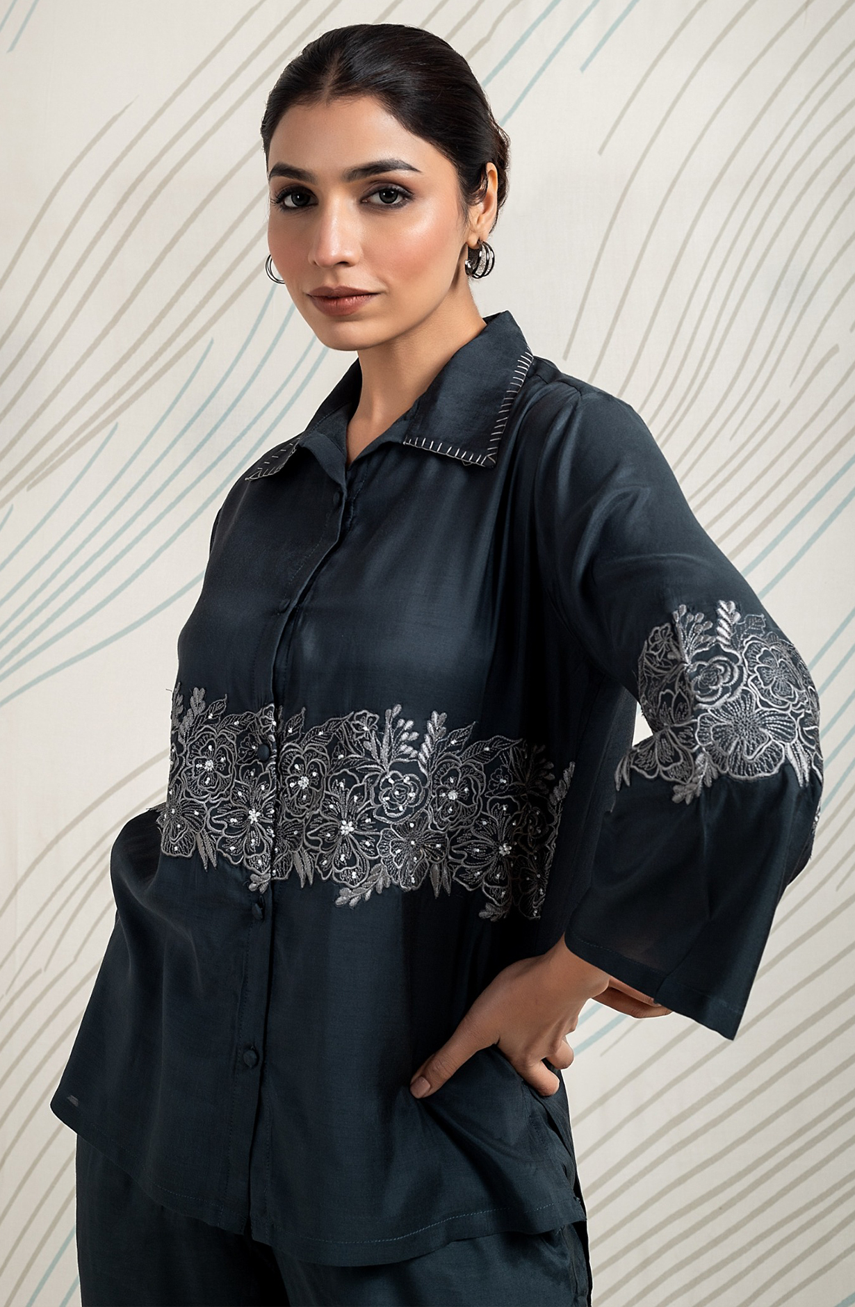 CLASSIC CONTRAST Muslin Embroidered Shirt Collar Neck Co-ord Set - CONNCDS005 - Available Size L XXL