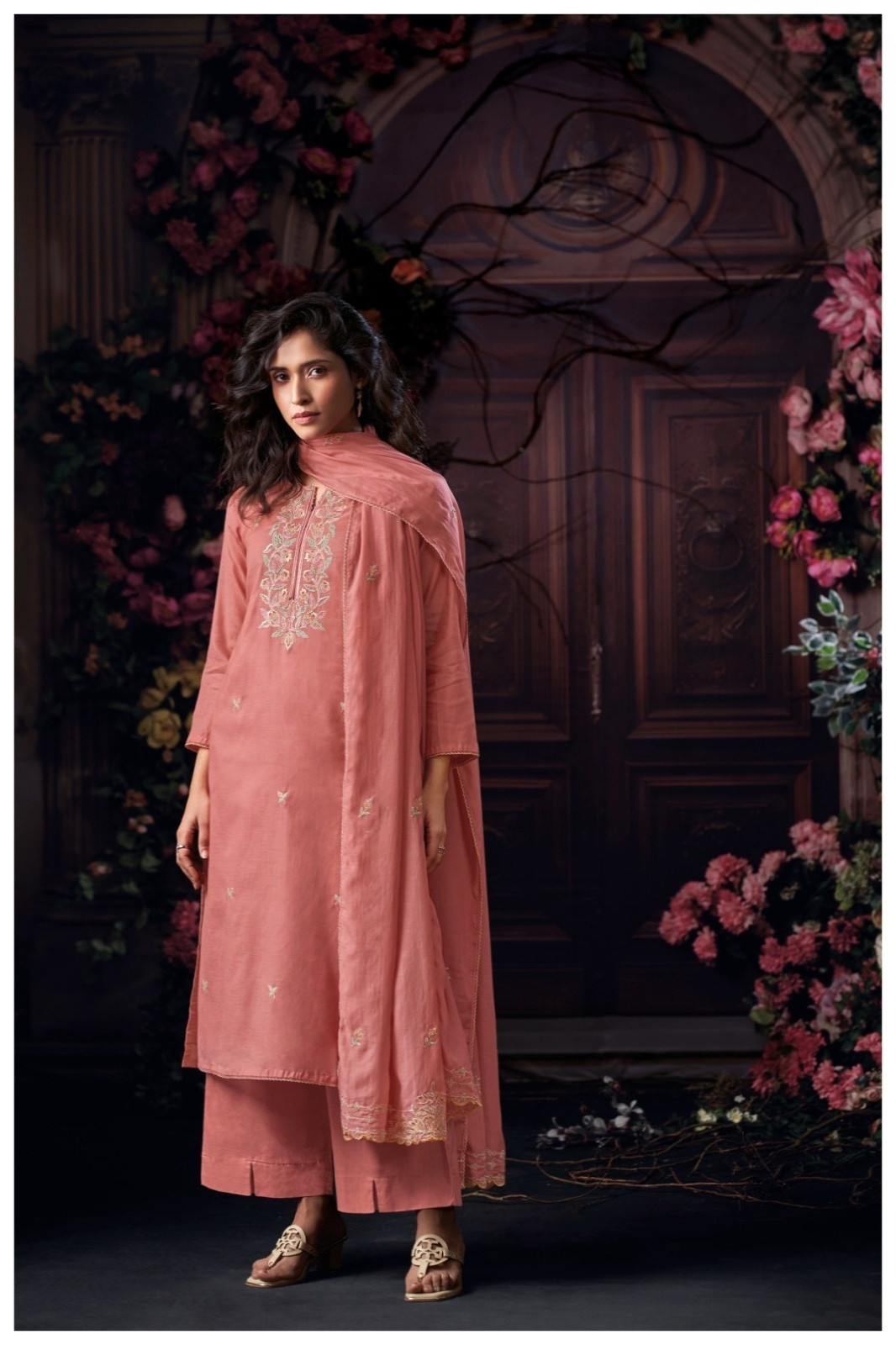 Peach Printed Cotton Unstitched Suit Set with Dupatta - CORS4644A