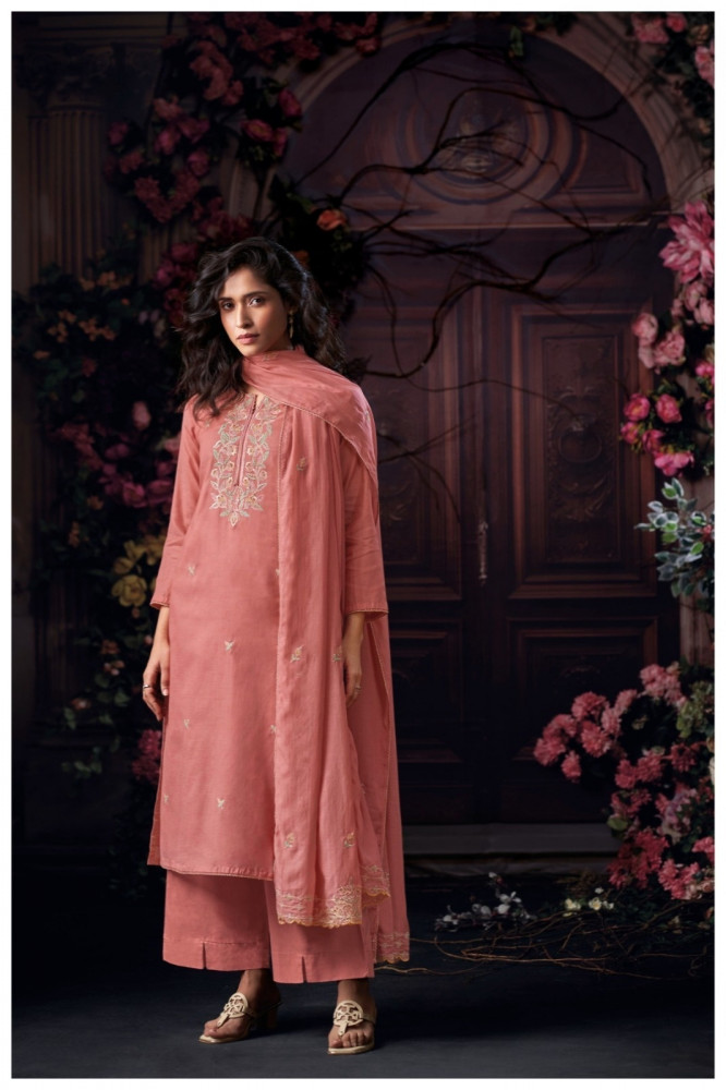 Image of Peach Printed Cotton Unstitched Suit Set with Dupatta - CORS4644A