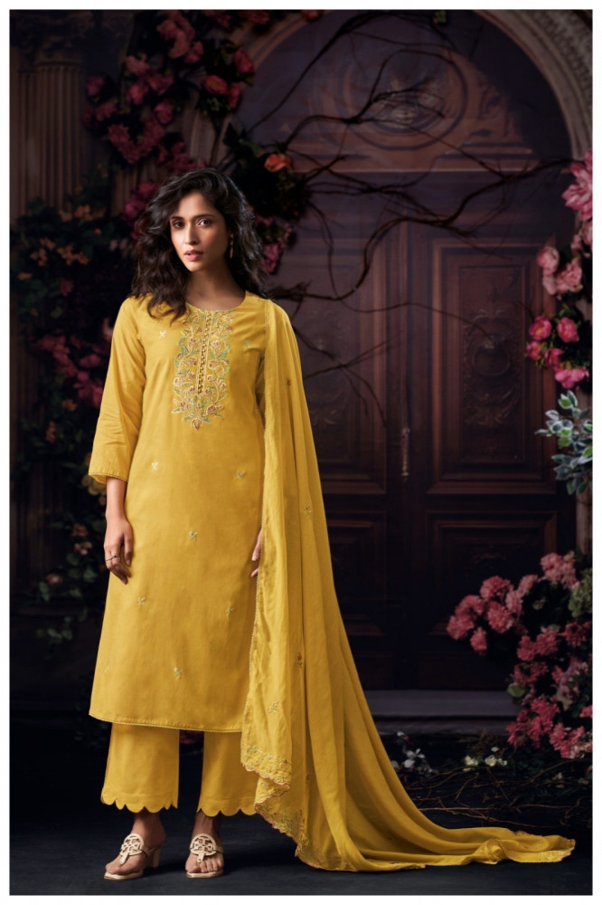 Image of Mustard Printed Cotton Unstitched Suit Set with Dupatta - CORS4644B