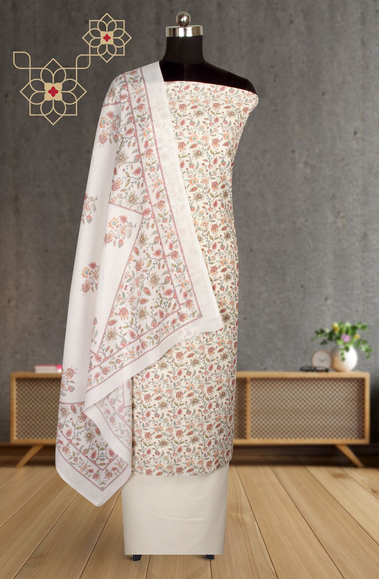 Cream Multicolor Spun Winterwear Unstitched Salwar Kameez - SUN4223A
