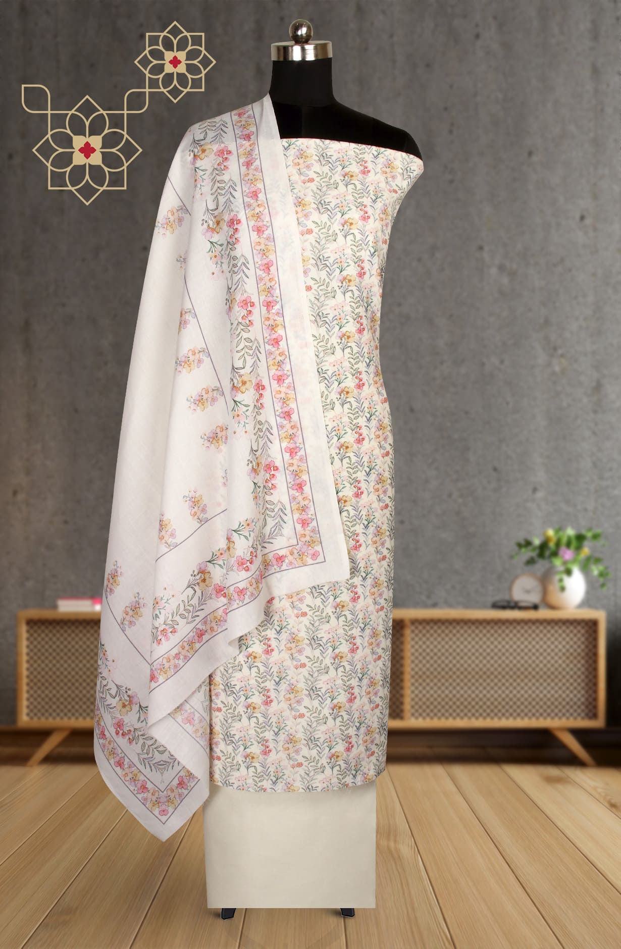 Cream Multicolor Spun Winterwear Unstitched Salwar Kameez - SUN4239A