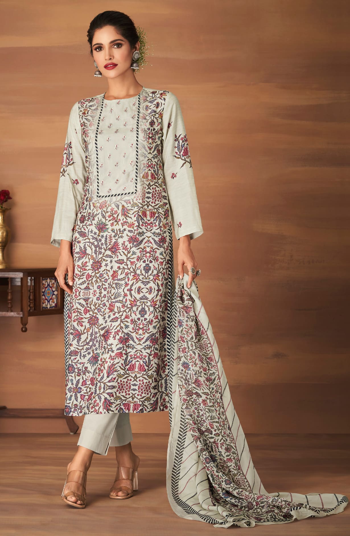 Cream Pashmina Winterwear Unstitched Salwar Kameez - SAN2166