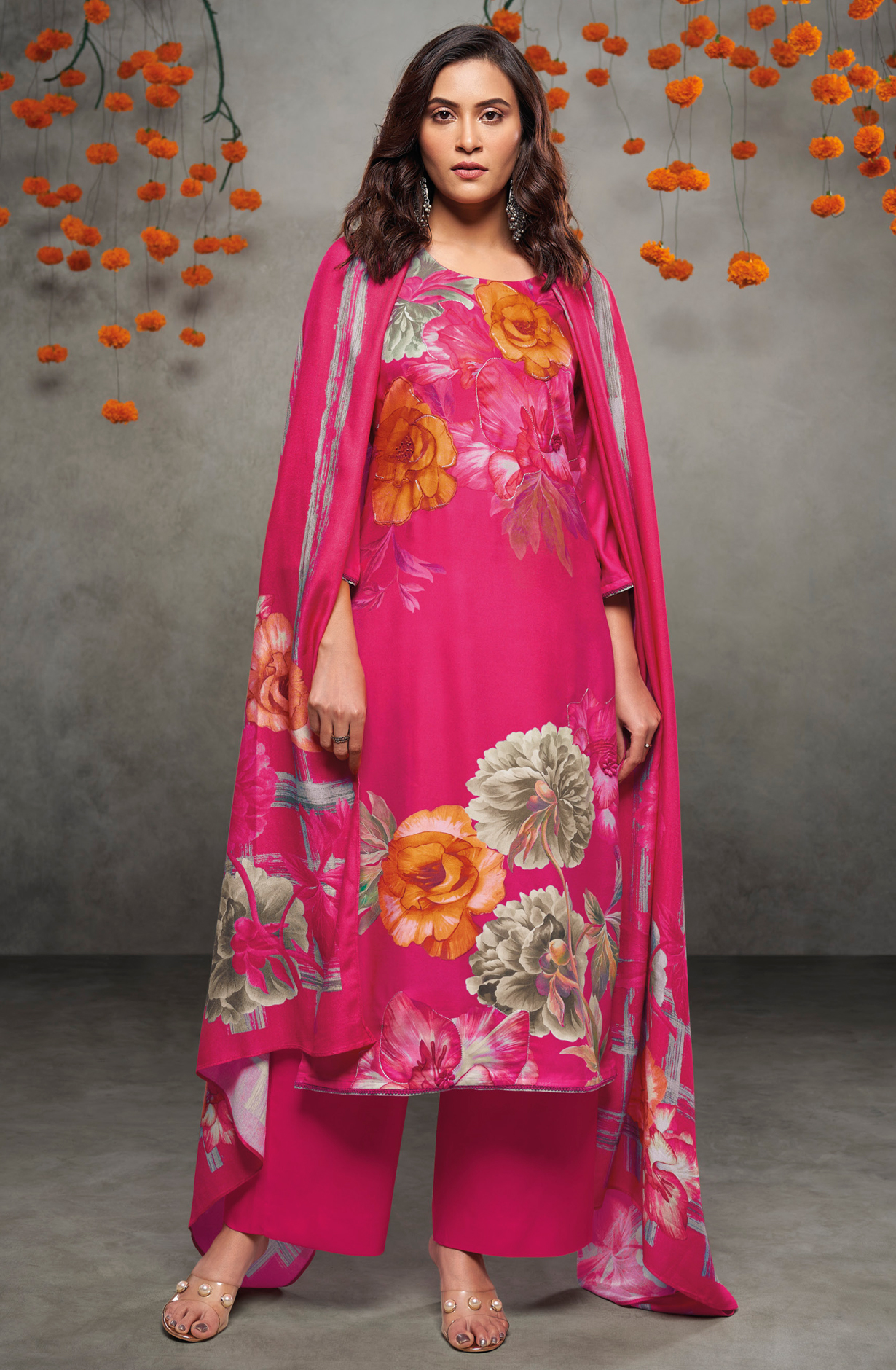 Rani Pink Beautiful Pashmina Printed Salwar Kameez with Dupatta - CRUS2035B