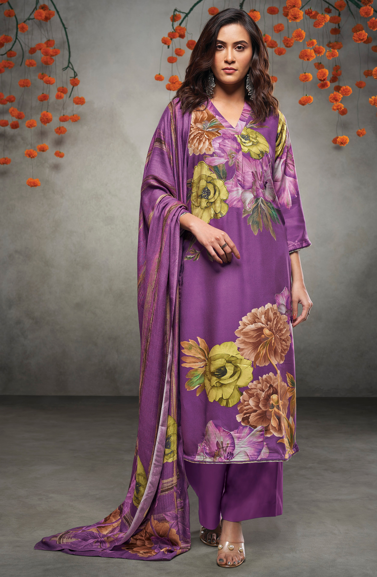 Purple Beautiful Pashmina Printed Salwar Kameez with Dupatta - CRUS2035C