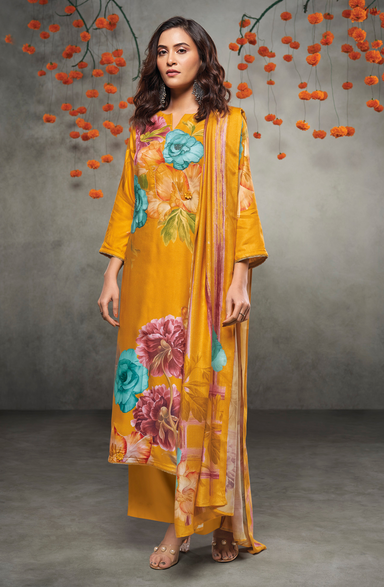 Mustard Yellow Beautiful Pashmina Printed Salwar Kameez with Dupatta - CRUS2035D